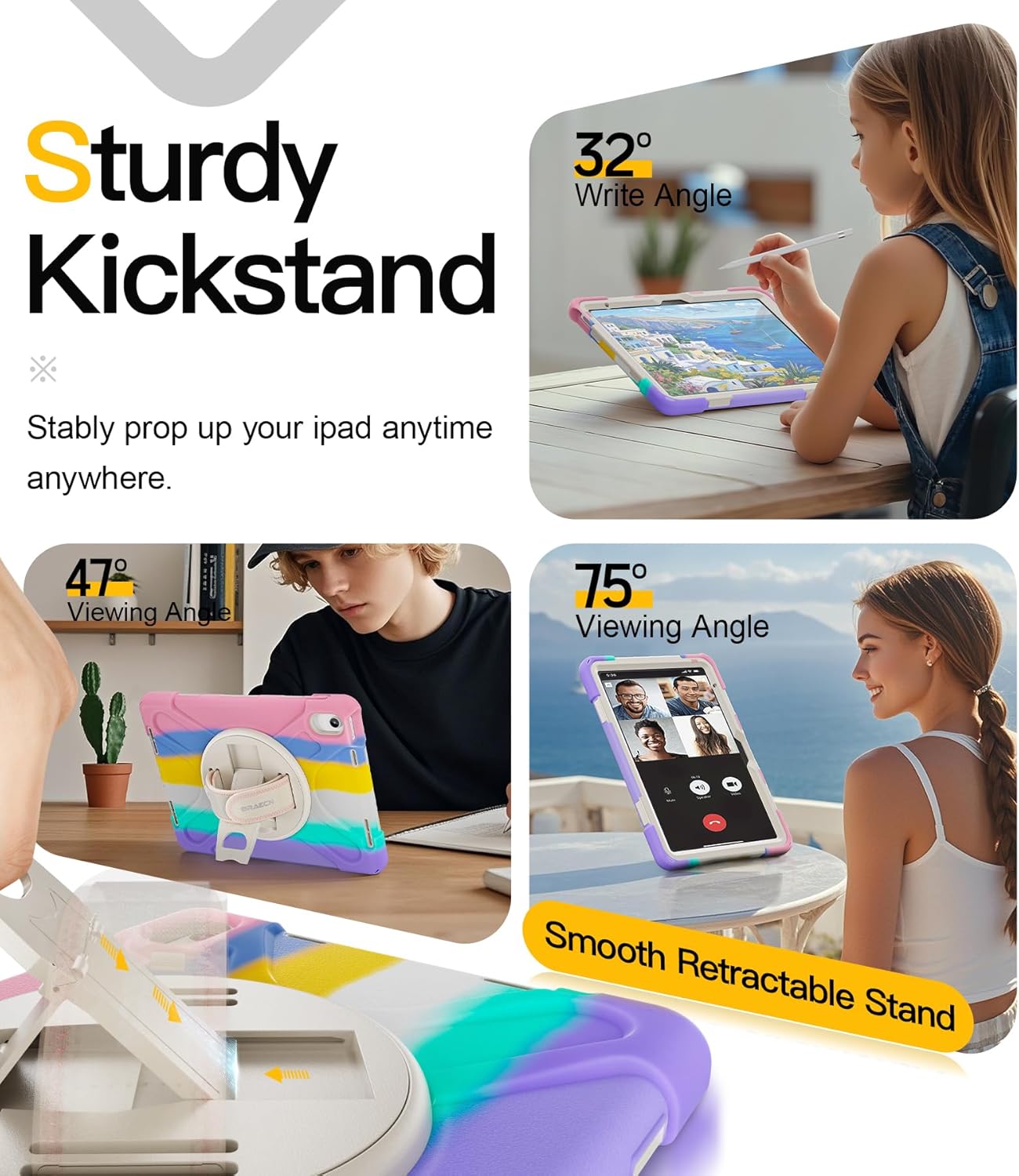 BRAECN for iPad (A16) 11th/10th Generation case 11/10.9 inch 2025/2022 Heavy Duty Shockproof Protective with Pencil Holder Screen Protector 360°Rotating Stand Handle & Shoulder Strap Full Body Cover