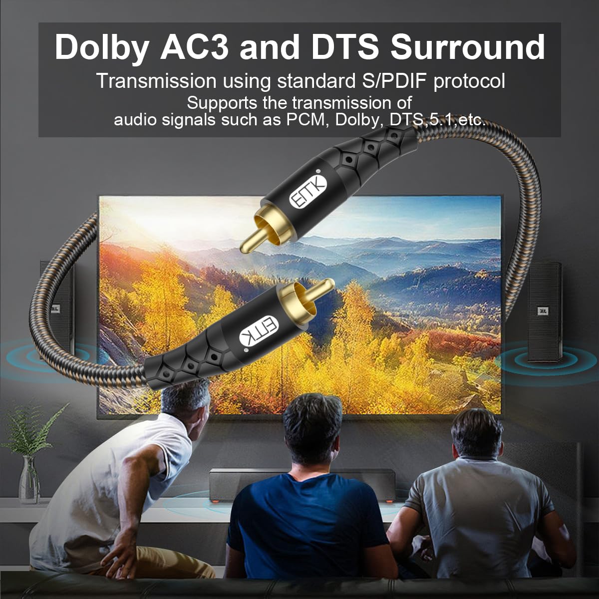 EMK RCA to RCA Subwoofer Cable – 24K Gold-Plated Connector Nylon Braided Double Shielded Audio Cable Digital&Analog Signal Support for Amplifiers Subwoofer Home Theater Hi-Fi Systems Black/30ft/10m