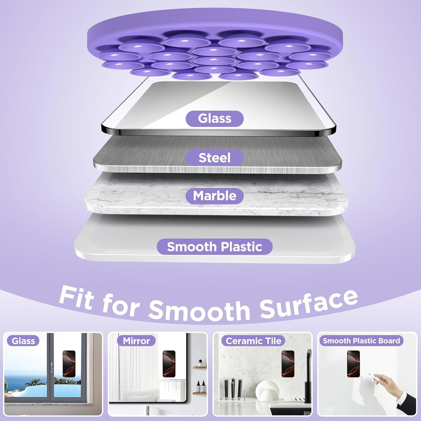 Magnetic Suction Cup Phone Mount for MagSafe Case, Silicone Hands-Free Grip Holder for iPhone and Android, Mirror Shower Phone Stand for Makeup FaceTime Gym Kitchen Bathroom, Bright Purple