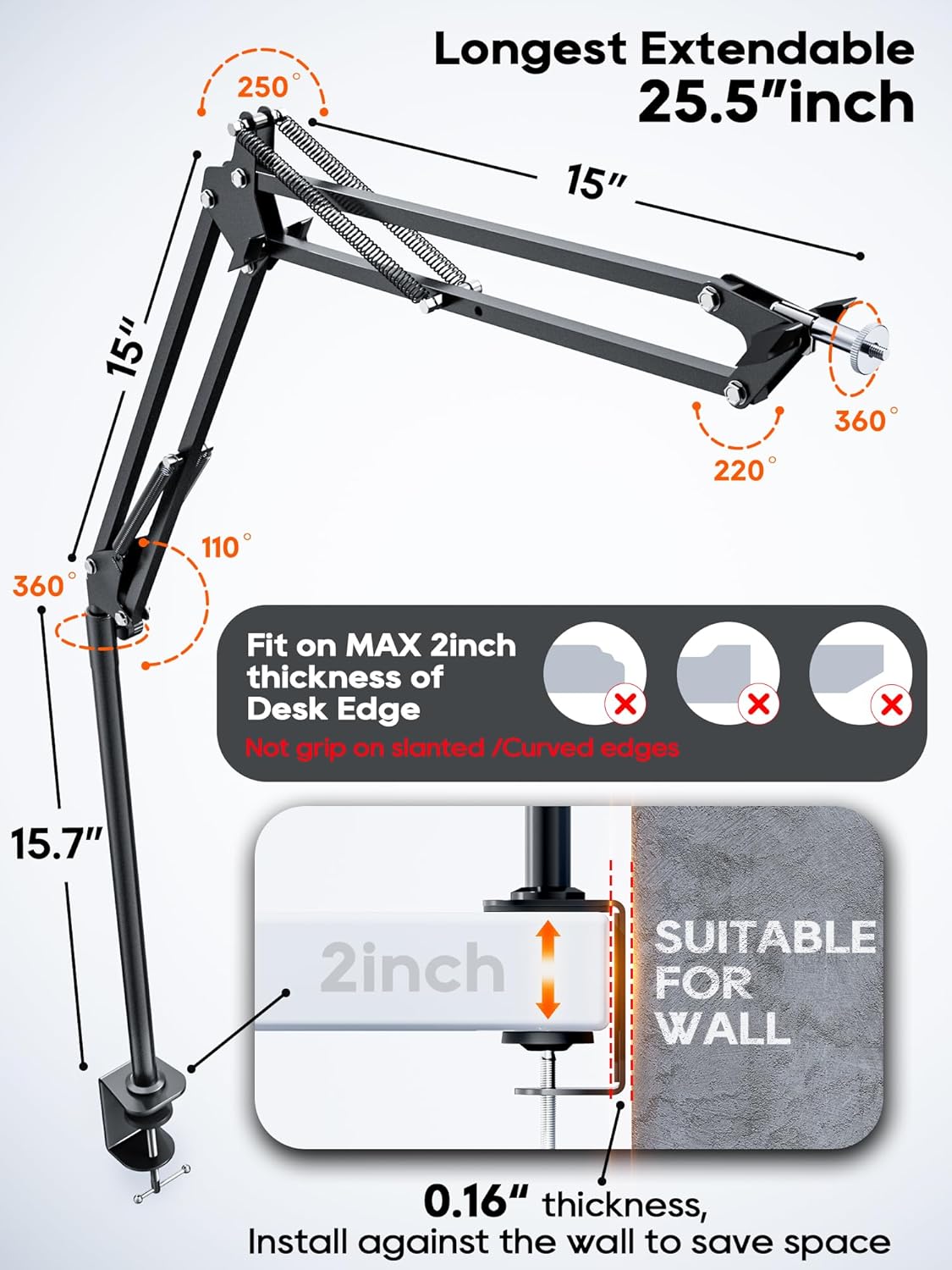 Overhead Camera Mount, 5lb Horizontal Load-Bearing, 360° Adjustable Stand for Desk, Flexible Arm Desk Mount, with Phone Clamp, Tabletop Mount for DSLR Camera/Webcam/Microphone（White