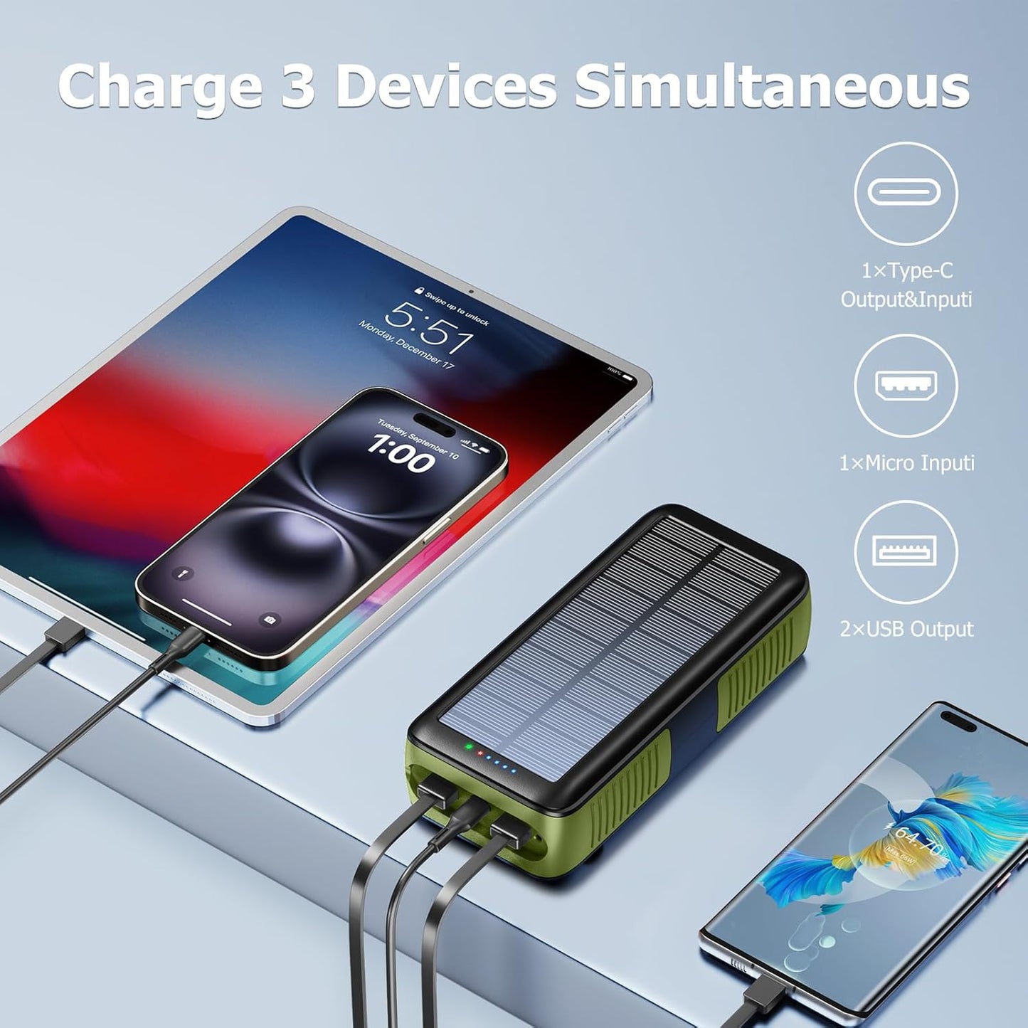 Solar Charger Power Bank 63200mAh, Portable Charger with Dual Outputs & Dual Inputs 4 LEDs Flashlight, Hand Crank Power Bank Fast Charging Battery Pack for Outdoor Camping Survival Gear (army green)
