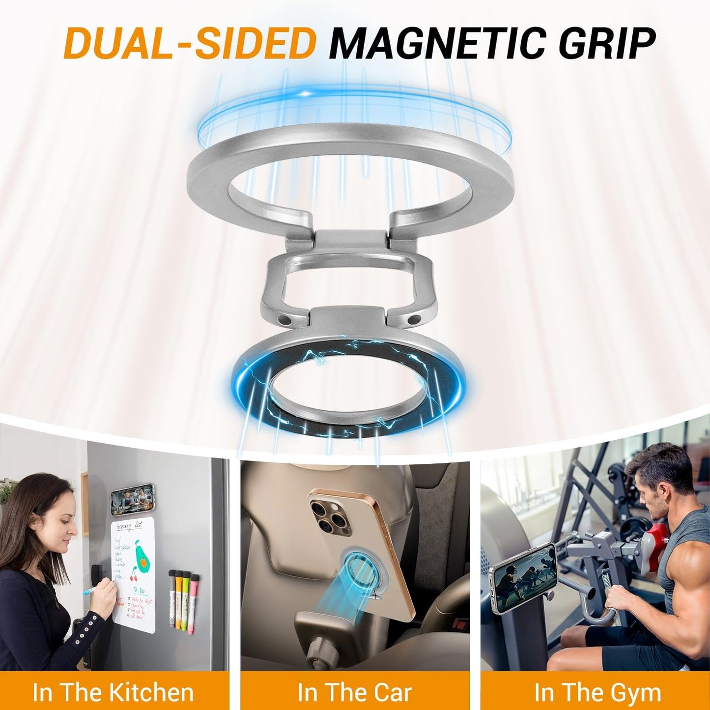 Magnetic Ring Holder Grip, Adjustable Magnet Phone Ring Stand, Multi-Angle Stability Kickstand, Strong Double Sided Magnetic Phone Grip, with Magnet Ring for Phone Case, Silver