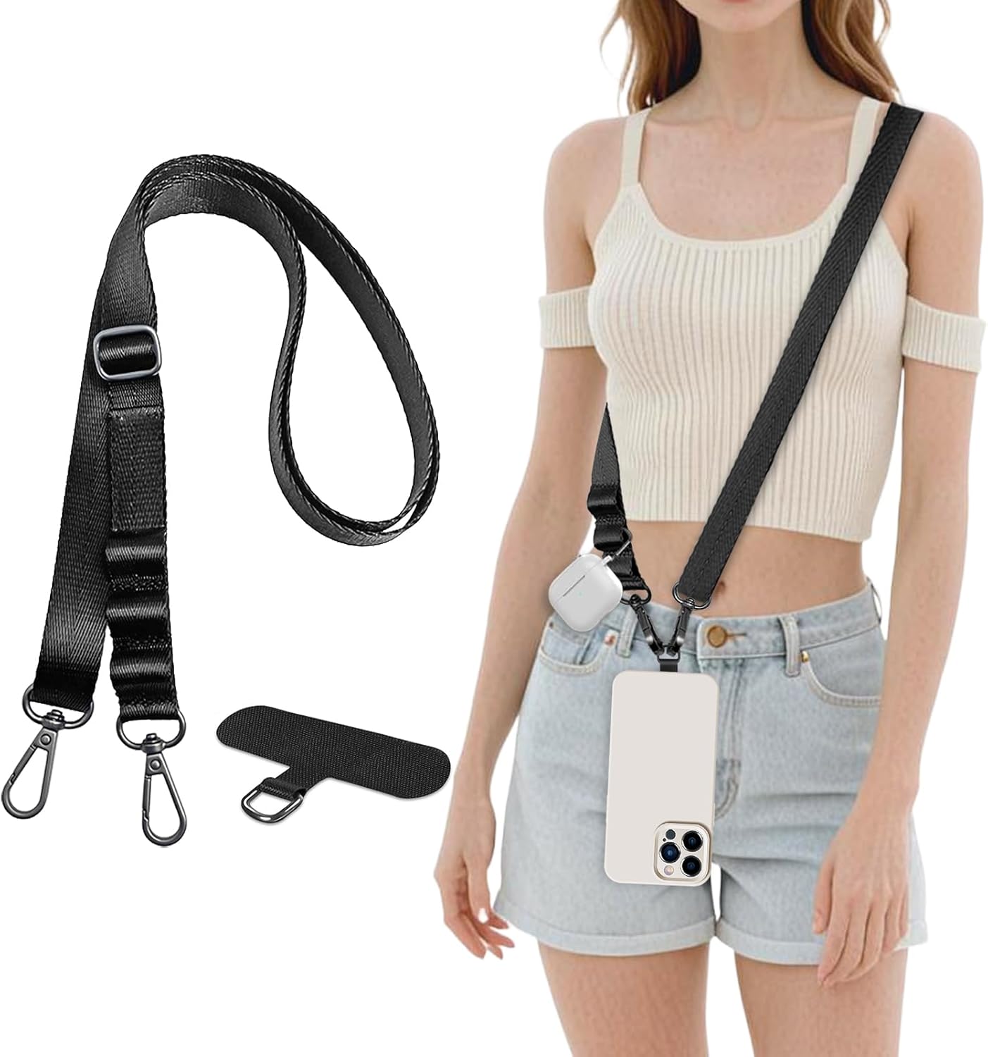 Universal Adjustable Nylon Phone Lanyard - 20MM Multi-Color Options for iPhone Samsung Smartphones (Fits Most Cases) Black