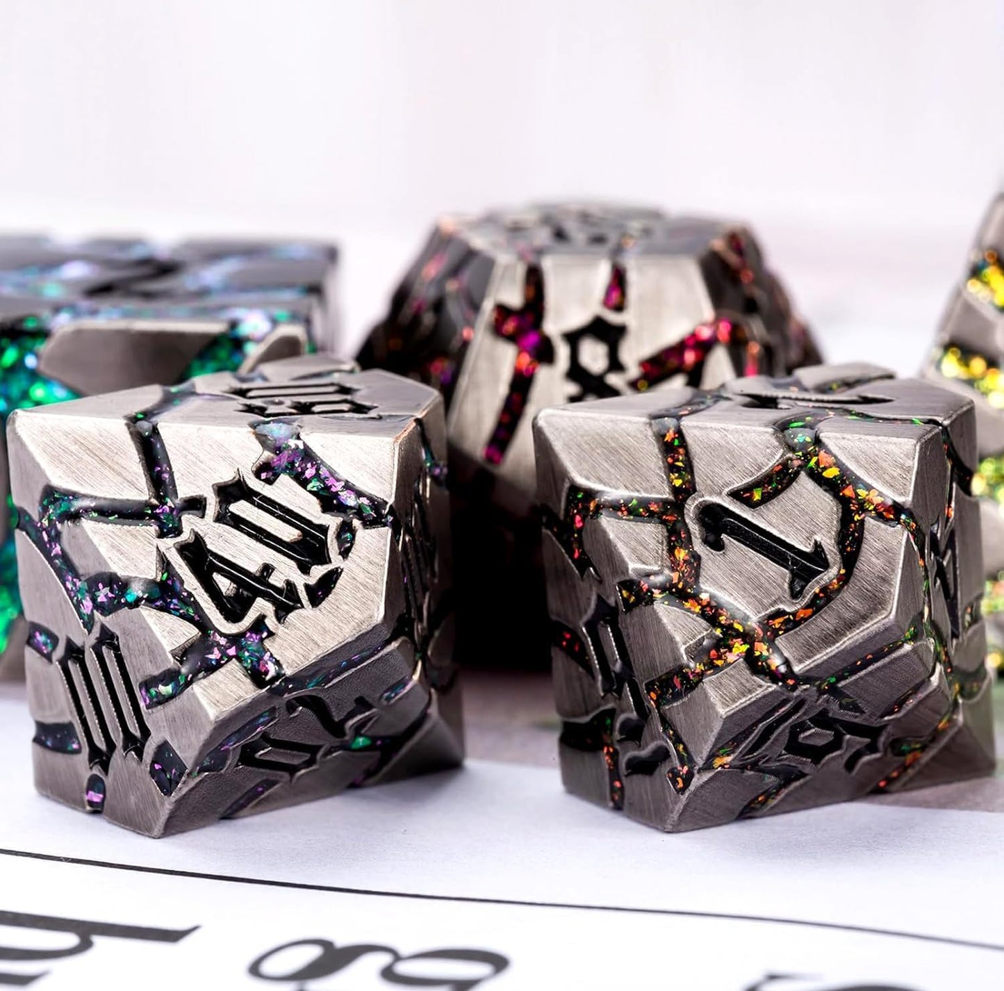 Metal Dice Set D&D,Crack Metallic DND Dice Set with Box, Metal Glitter RPG Dice for Dungeons and Dragons Table Game(Antique Nickel 7 Colors)