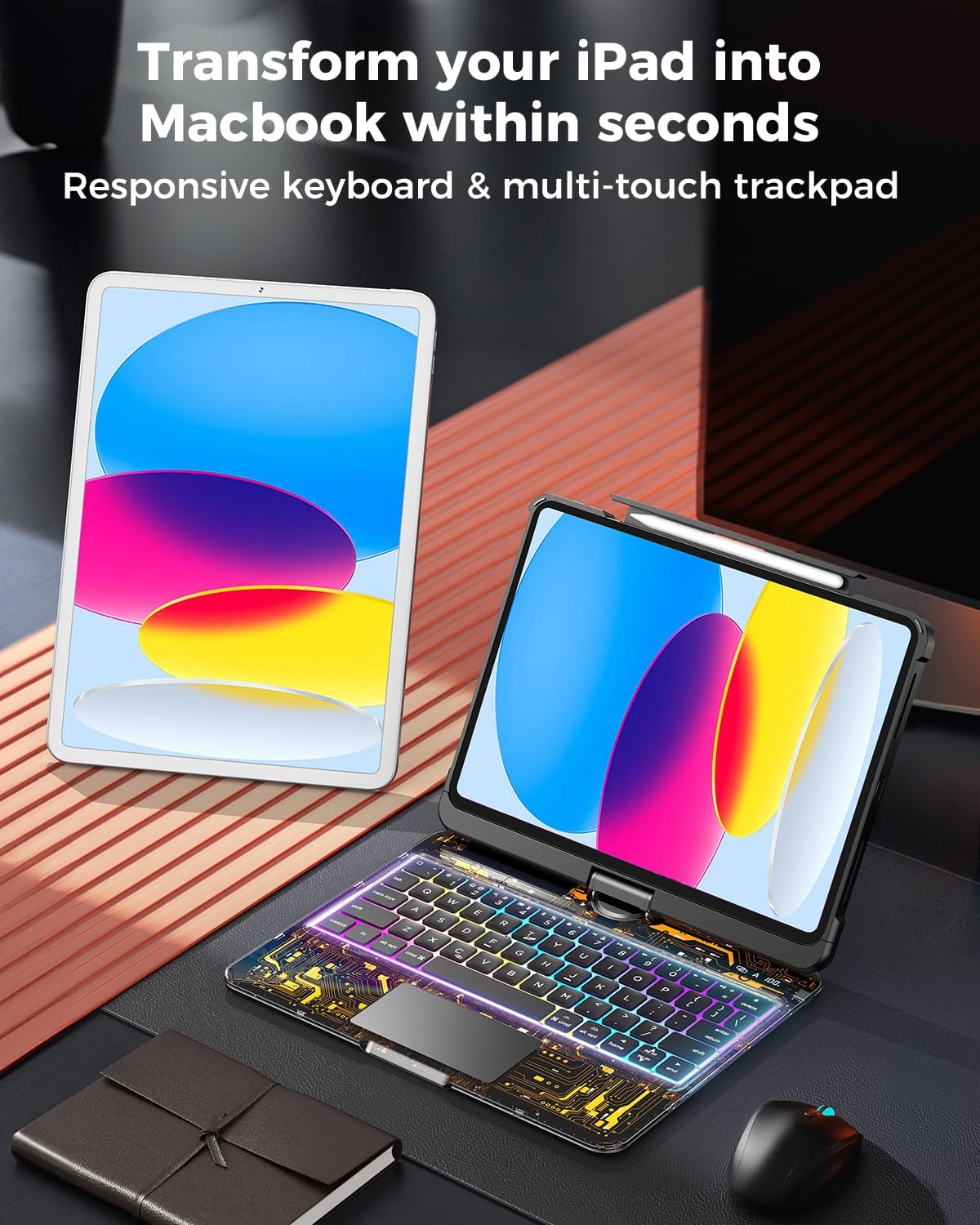 SIBEITU Keyboard Case for iPad A16 11th Gen 11" 2025 & 10th Gen 10.9" 2022, Clear Wireless Keyboard Protective Cover with Multi-Touch Trackpad, 7-Color Backlight & 3-Brightness, 360 Rotatable, Black