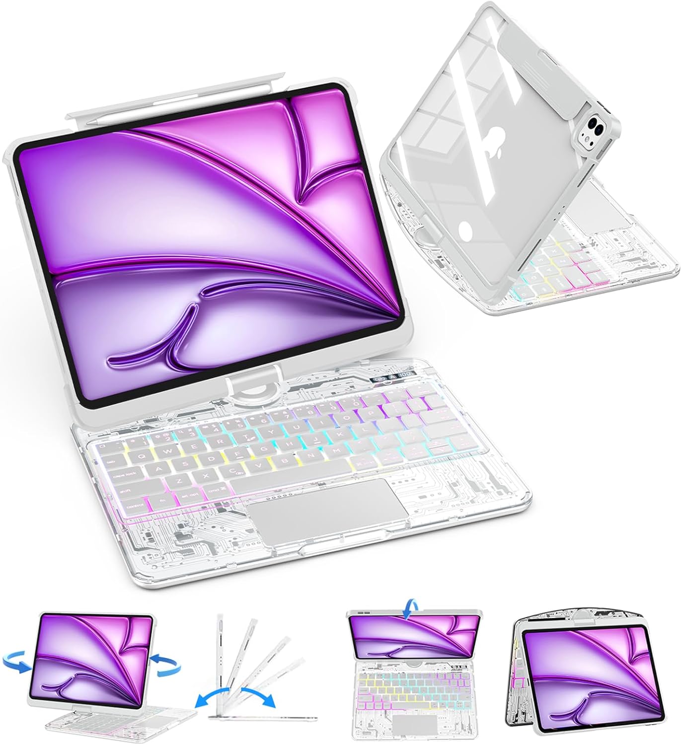 SIEBITU Clear Wireless Keyboard Case for iPad Air 13-inch (M3 2025/M2 2024) & iPad Pro 12.9-inch 6th 5th 4th 3rd Gen with Pencil Holder, Multi-Touch Trackpad & 7-Color Backlit, 360°Rotating, White