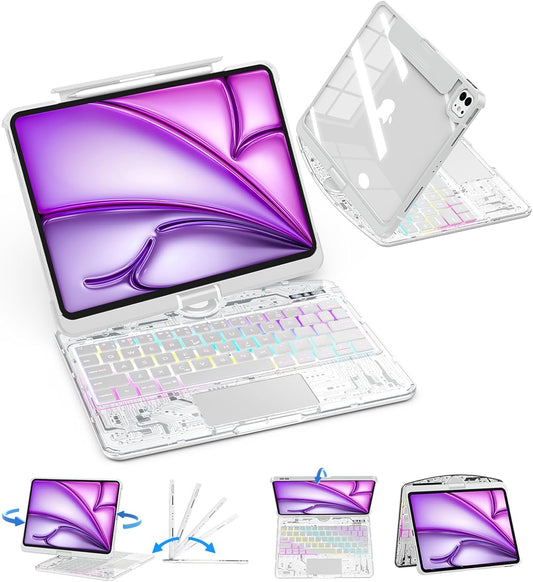 SIEBITU Clear Wireless Keyboard Case for iPad Air 13-inch (M3 2025/M2 2024) & iPad Pro 12.9-inch 6th 5th 4th 3rd Gen with Pencil Holder, Multi-Touch Trackpad & 7-Color Backlit, 360°Rotating, White