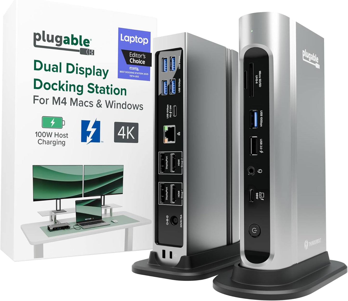 Plugable 16-in-1 Thunderbolt 4 Dock – Dual 4K Monitors for M4 MacBook Air/Pro, 100W Charging, 2X HDMI, 2X DisplayPort, 2.5G Ethernet, 7X USB, MicroSD/SD Card Reader, Audio, Windows & USB4 Compatible