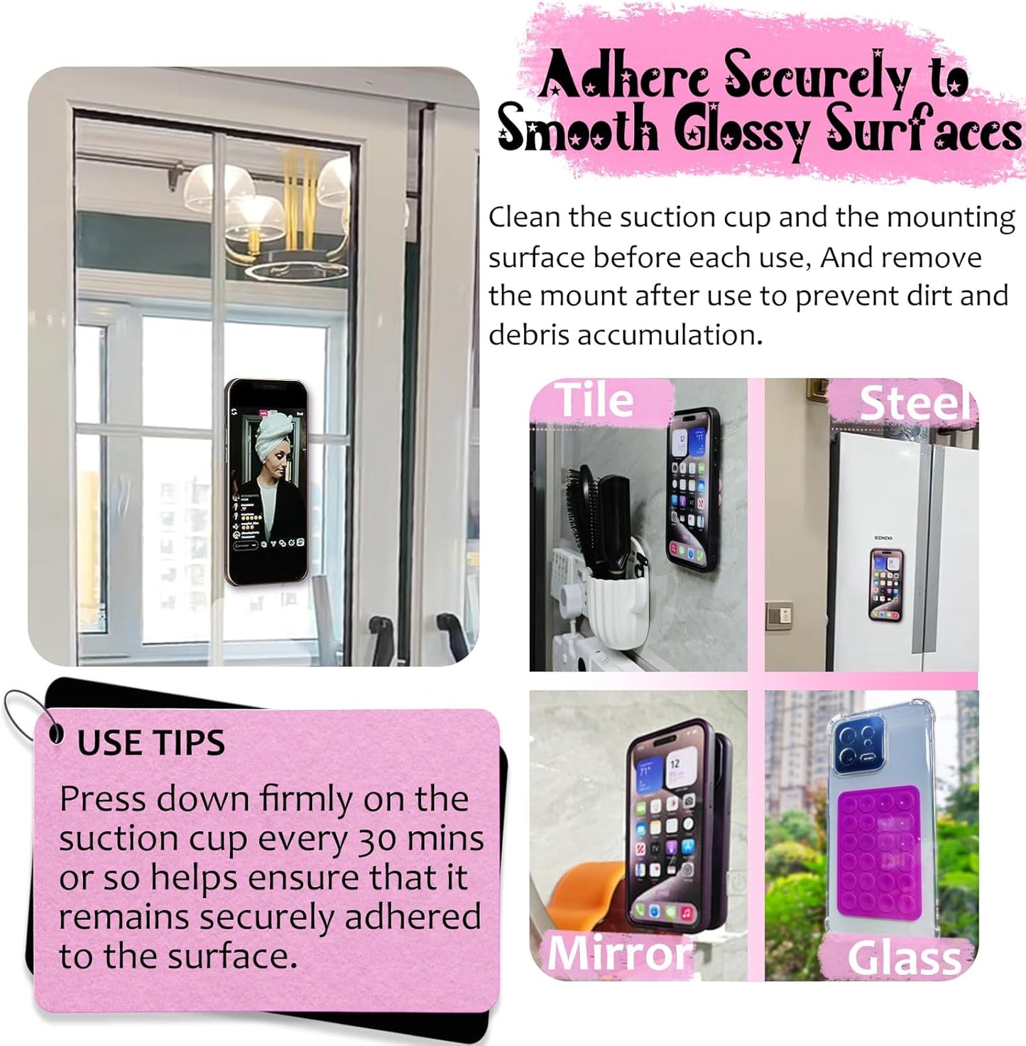 Silicone Suction Phone Case Mount 3 Pack, Silicon Adhesive Suction Cup Phone Mount, Non Slip Sticky Phone Grip for Cellphone, Strong Grip Holder for Selfies and Videos (Light Pink)