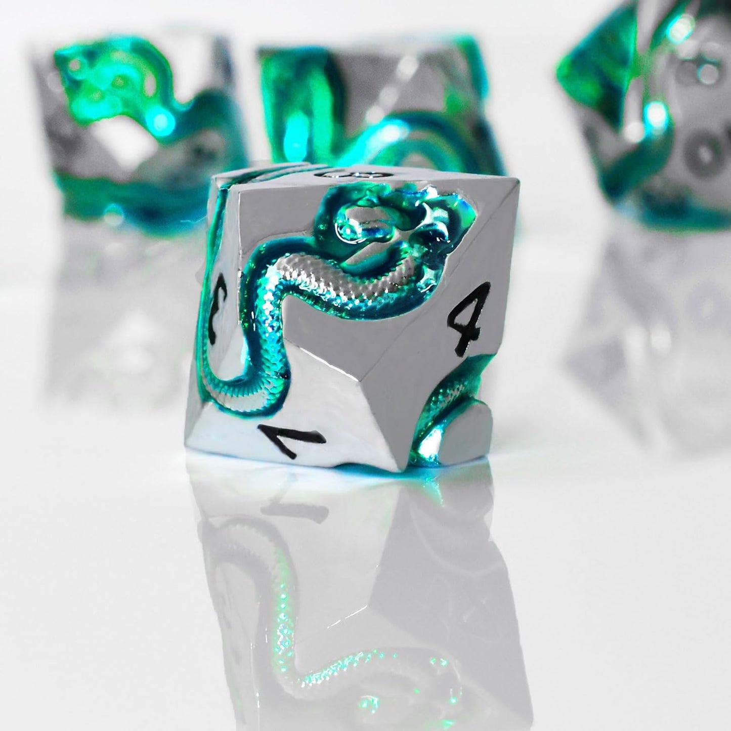 RULE DICE Metal DND Dice Set for Dungeons and Dragons - Polyhedral D&D Dice Set with Green Serpent Design - Balanced D&D Dice for RPGs, TTRPGs - Heavy Duty Zinc Alloy Construction 7 Dice Set