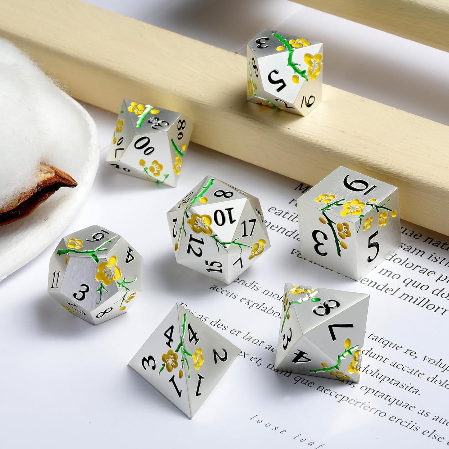 Silver Metal DND Dice, DNDND 7 PCS Heavy Flower Metallic D&D Dice Set with Gorgeous Gift Case for Dungeons and Dragon Tabletop Game (Matte Silver with Yellow Flower)