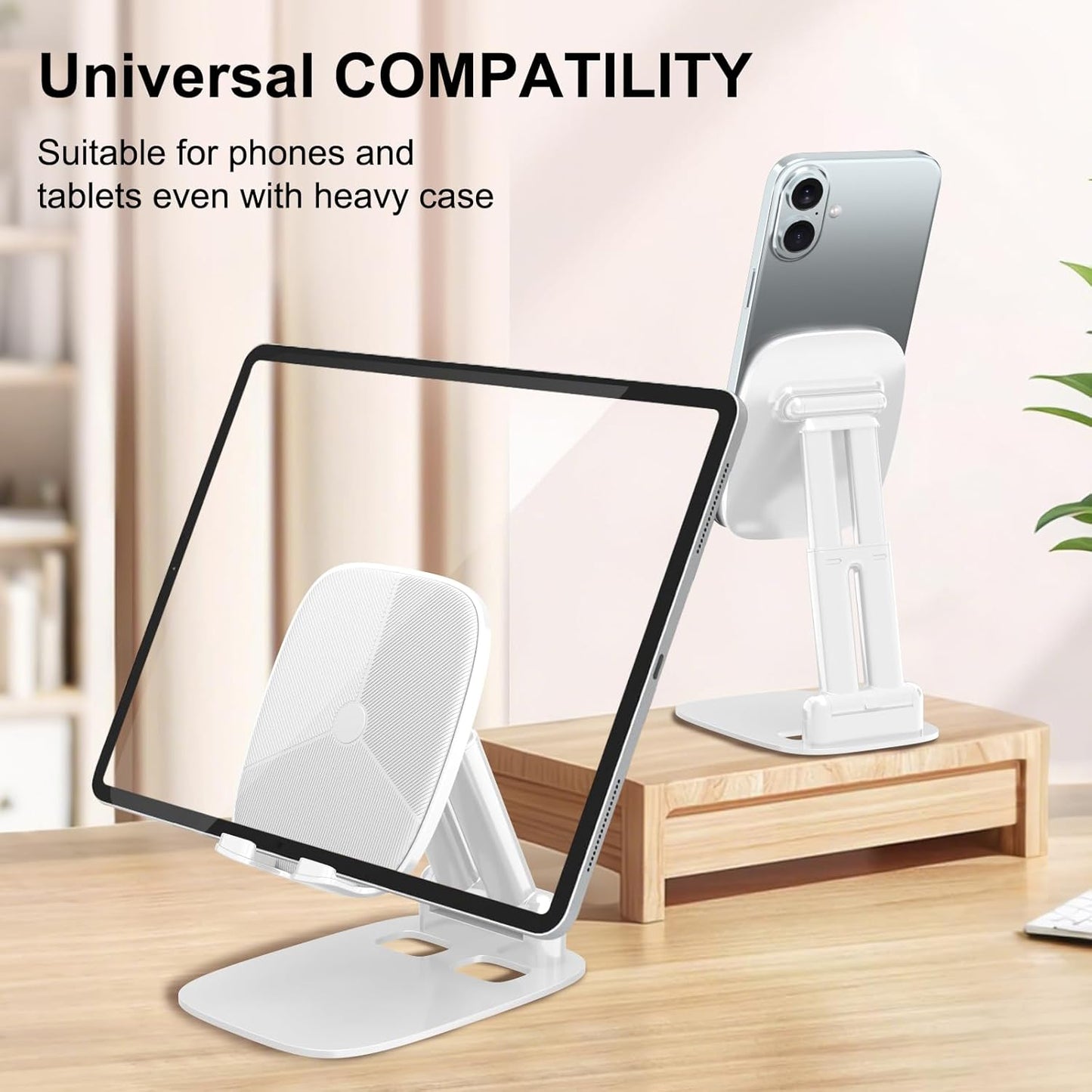 DEERLAMN Cell Phone Stand for Desk, Height Adjustable Cell Phone Holder Portable Desktop Stand, Travel Home Office Desk Accessories Compatible with iPhone 16/15/14/13/12/11 All Smartphone - White