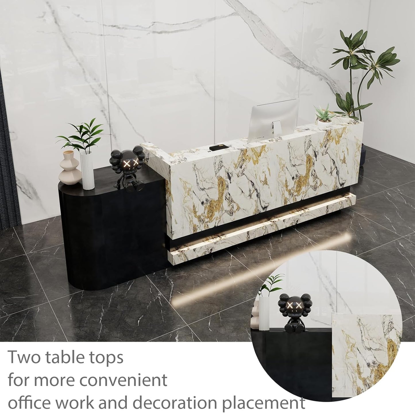 Front Desk Reception Counter - Lockable Storage & Keyboard Tray | Reception Desk with Counter, Customizable Large Counter Table (Black+White, 96'')