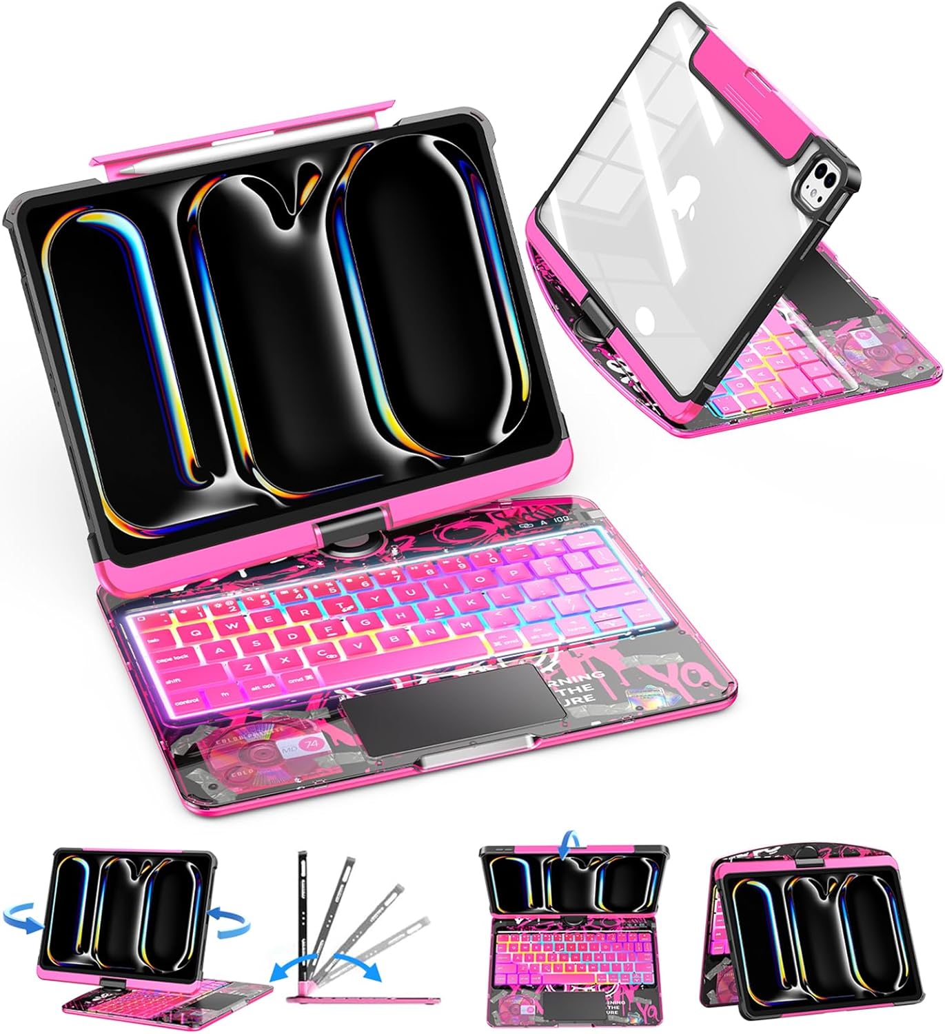 SIBEITU Keyboard Case for iPad Pro 11 Inch (M5 2025 / M4 2024), 360 Rotatable iPad Pro 11 Clear Cover with Multi-Touch Trackpad, 7-Color Backlight & 3 Brightness, High-Tech Visible PCB Design, Pink