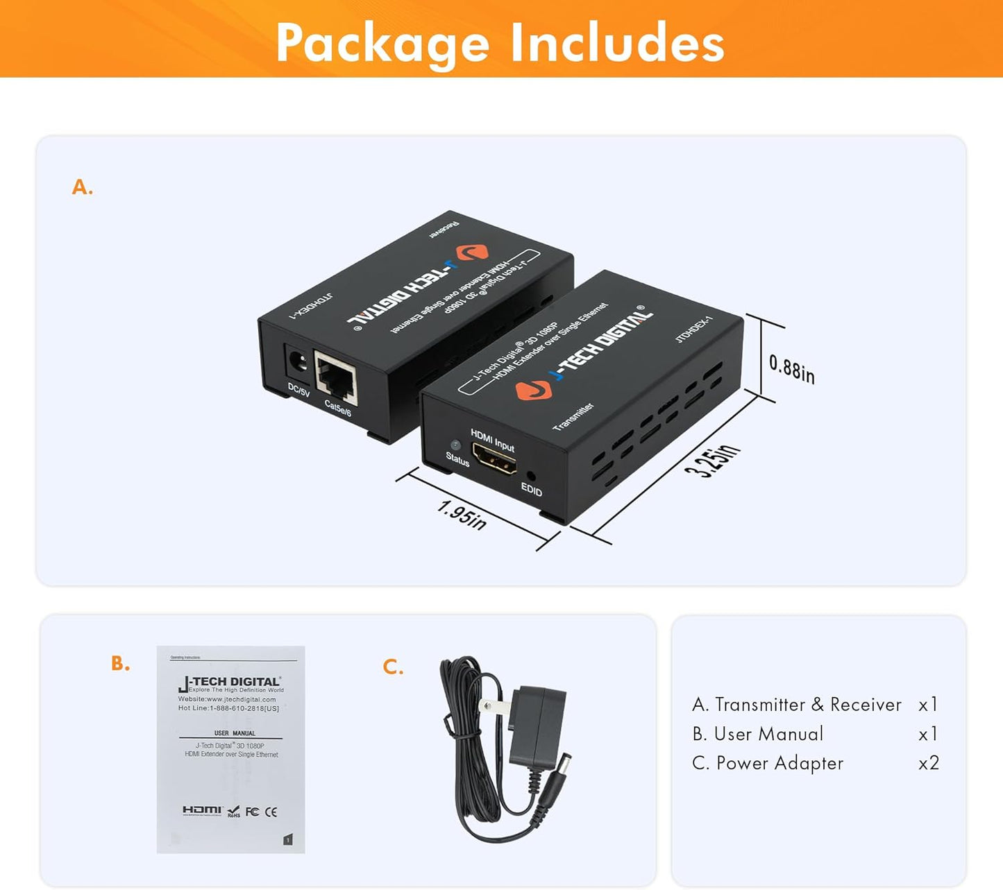 J-Tech Digital HDMI Extender over cat5e/6 1080P@200ft HDMI Balun Over Single Ethernet Supports EDID Copy Compatible with Dolby Digital DTS