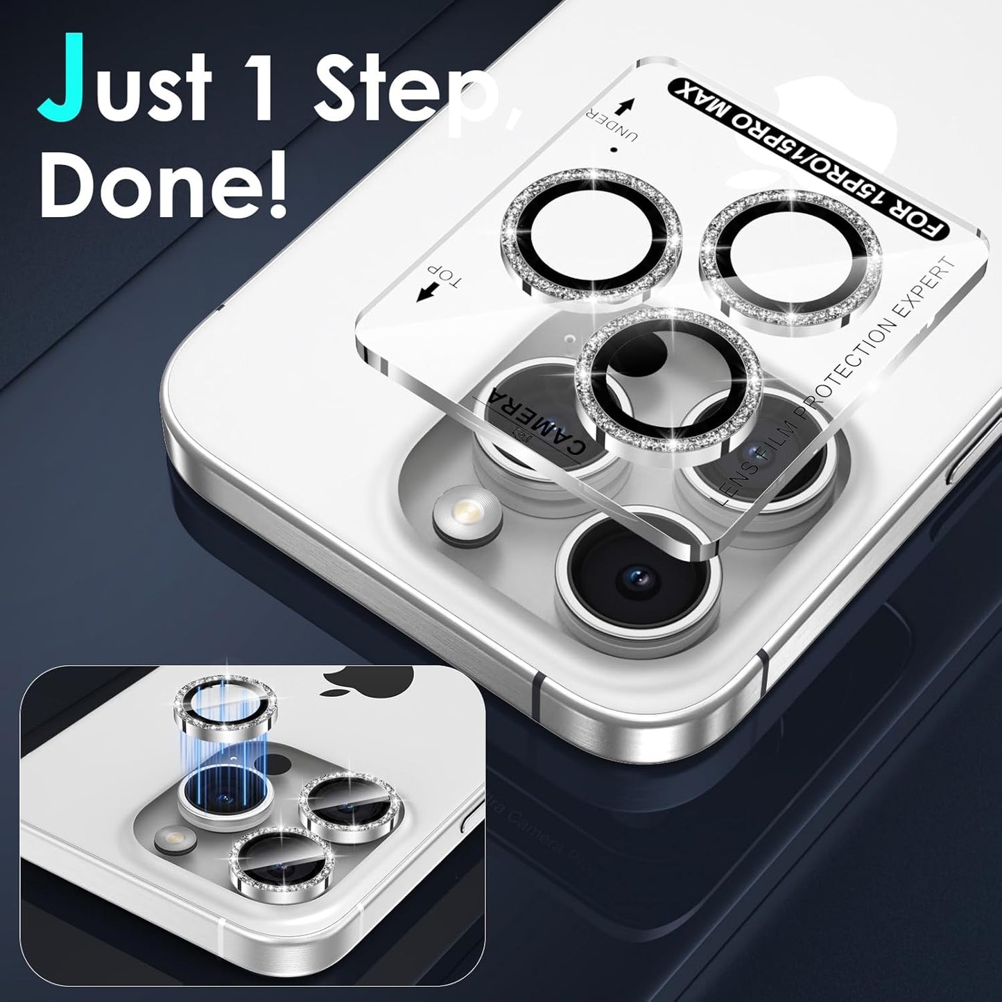 YWXTW Designed for iPhone 15 Pro/iPhone 15 Pro Max Camera Lens Protector Bling, [New Glitter Design] Individual Metal Tempered Glass Camera Cover Accessories Case Friendly (Silver Titanium Glitter)