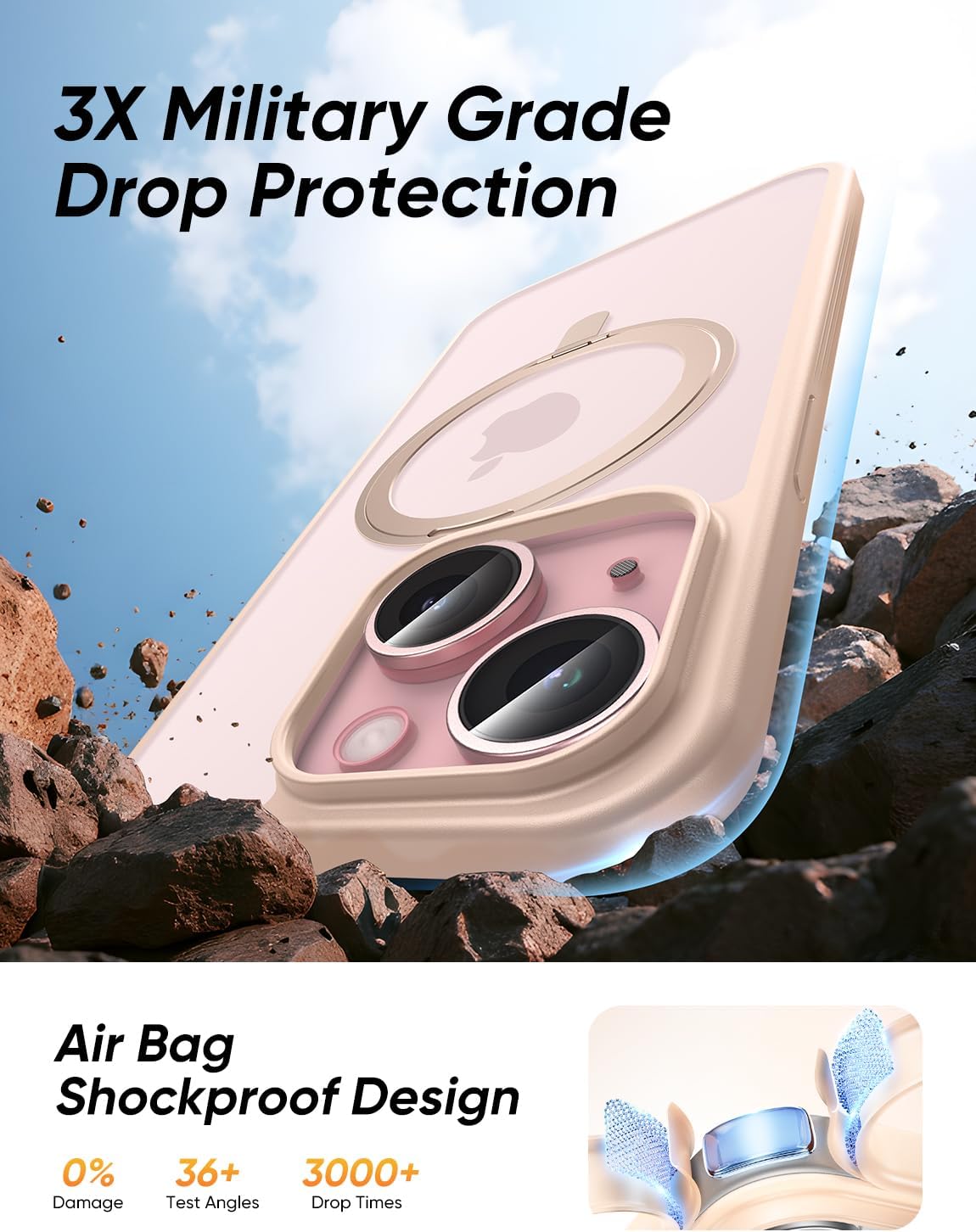 MAGIC JOHN for iPhone 15 Case 360° Rotatable Magnetic Invisible Stand, Fit for MagSafe 15 Phone Case, 16FT Military Grade Shockproof for iPhone Case with Kickstand, Rose Gold