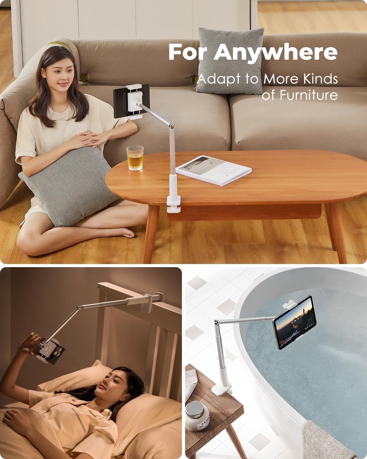 Viozon Tablet Holder Stand, Phone/Kindle Holder with Flexible Aluminum Alloy Long Arm, C Clamp for Headboard Bedside&Table, Compatible with 3.5-11" iPad,Kindle, iPhone 15 14 Plus/Pro Max,W