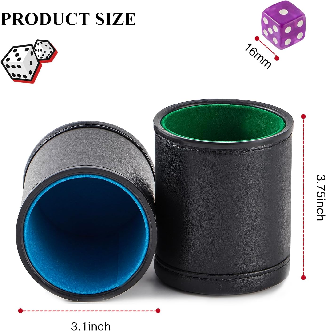 5 Pack Black Leather Dice Cups with Colorful Velvet Felt-Lined Interior and 30 Matching Colorful Transparent Dices