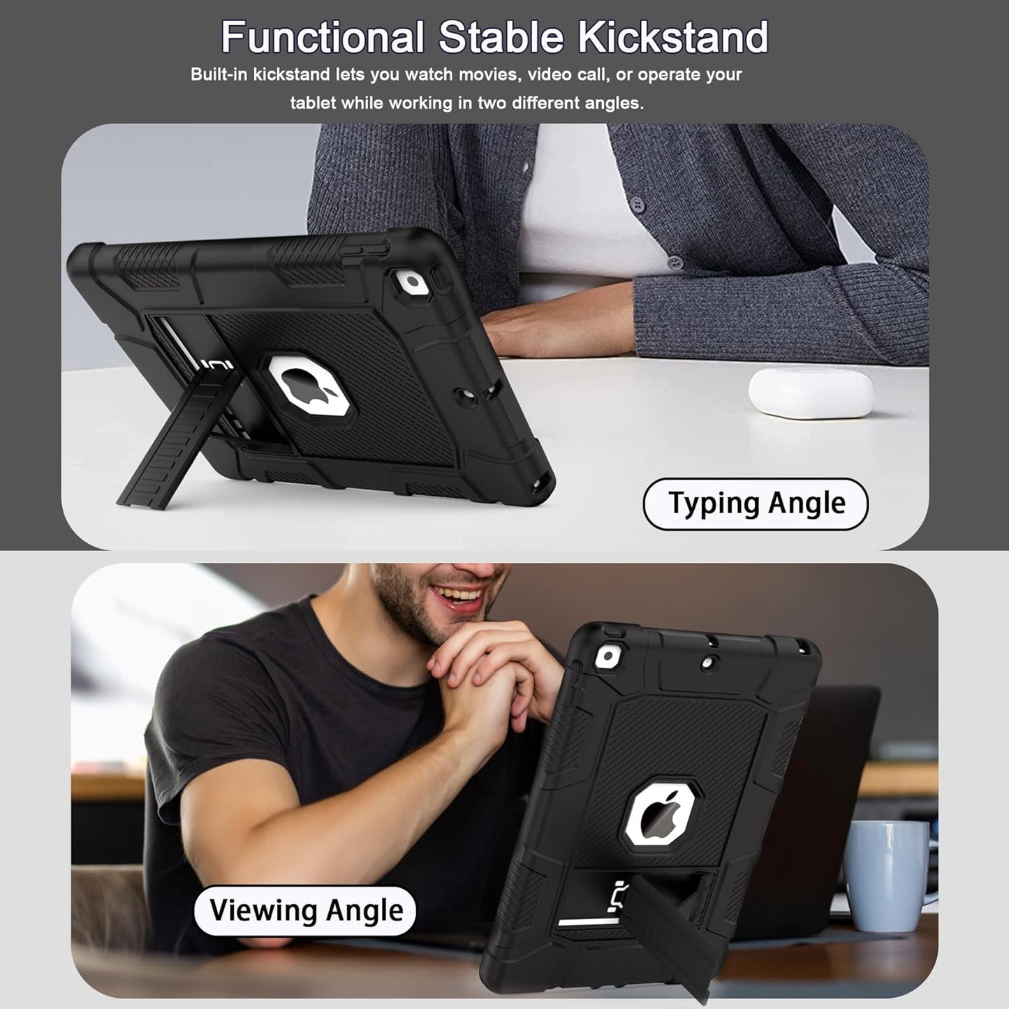 Rantice Case for 9th/8th/7th Generation, Hybrid Shockproof Rugged Drop Protective Case with Kickstand for iPad 10.2 Inch (2021/2020/2019 Release), Black