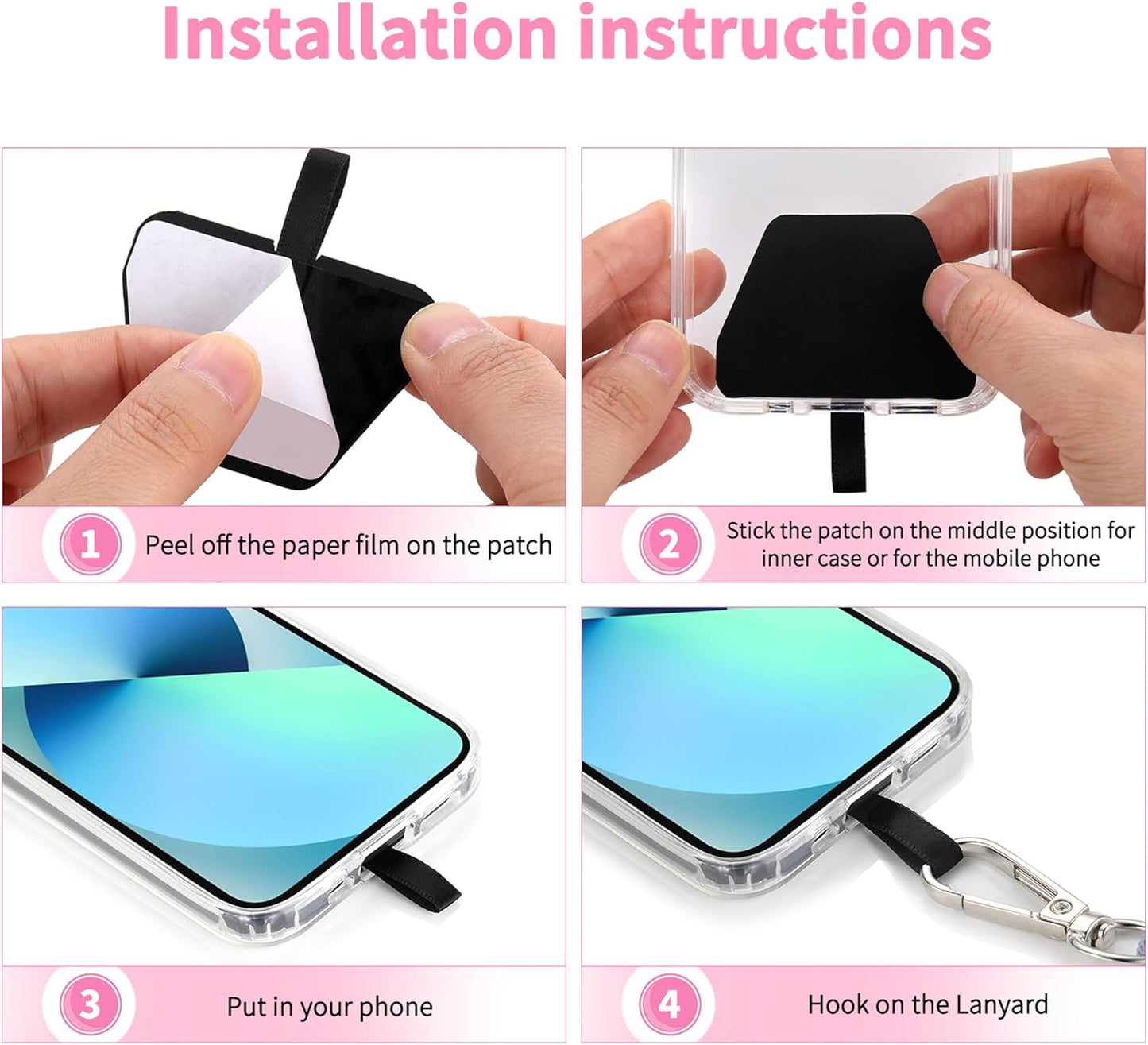 CACOE Phone Lanyard 2 Pcs-2 Pcs Adjustable Neck Strap, 4 Pcs Patches, Universal Crossbody Multifuctional Cell Phone Lanyards Compatible with Most Smartphones(Black+Bright Pink)