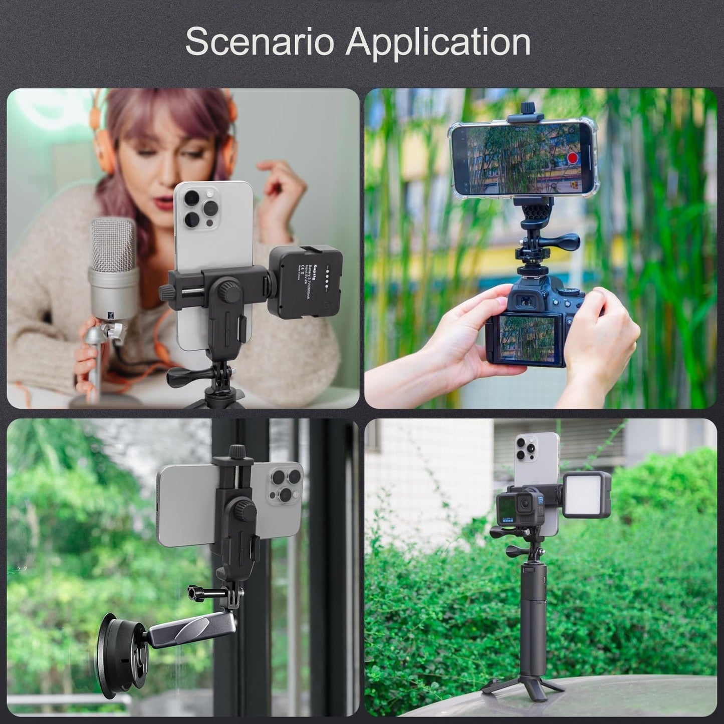 Suptig Phone Holder for Tripod, Action Camera Tripod Mount Adapter Compatible for iPhone, Gopro, DJI Action, Insta 360, Akaso, Mic, LED Light Photography Accessories