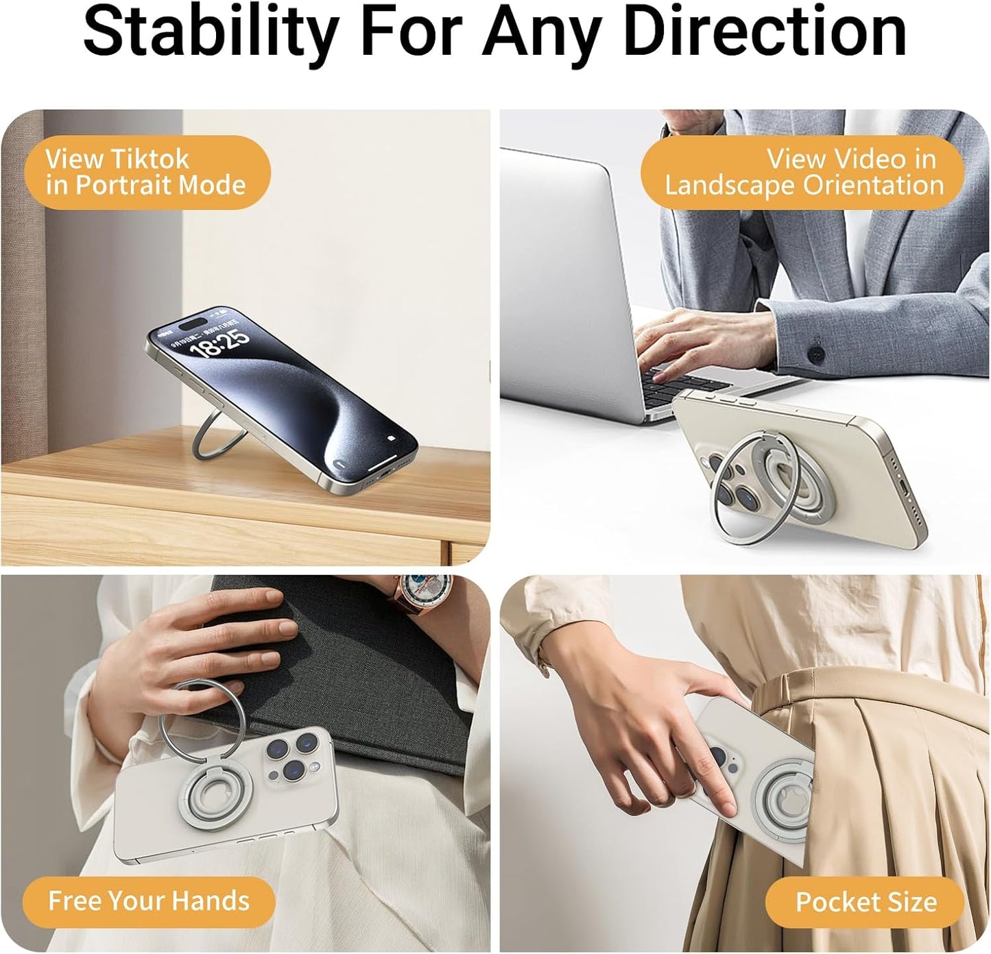 OPSO Magnetic Phone Ring Holder for MagSafe, 360° Rotatable Gym Finger Ring Grip Stand, [Dual-Sided Magnet] Magnetic Phone Grip Adjustable Kickstand for iPhone 16 15 14 13 12/Pro/Max, All Smartphone