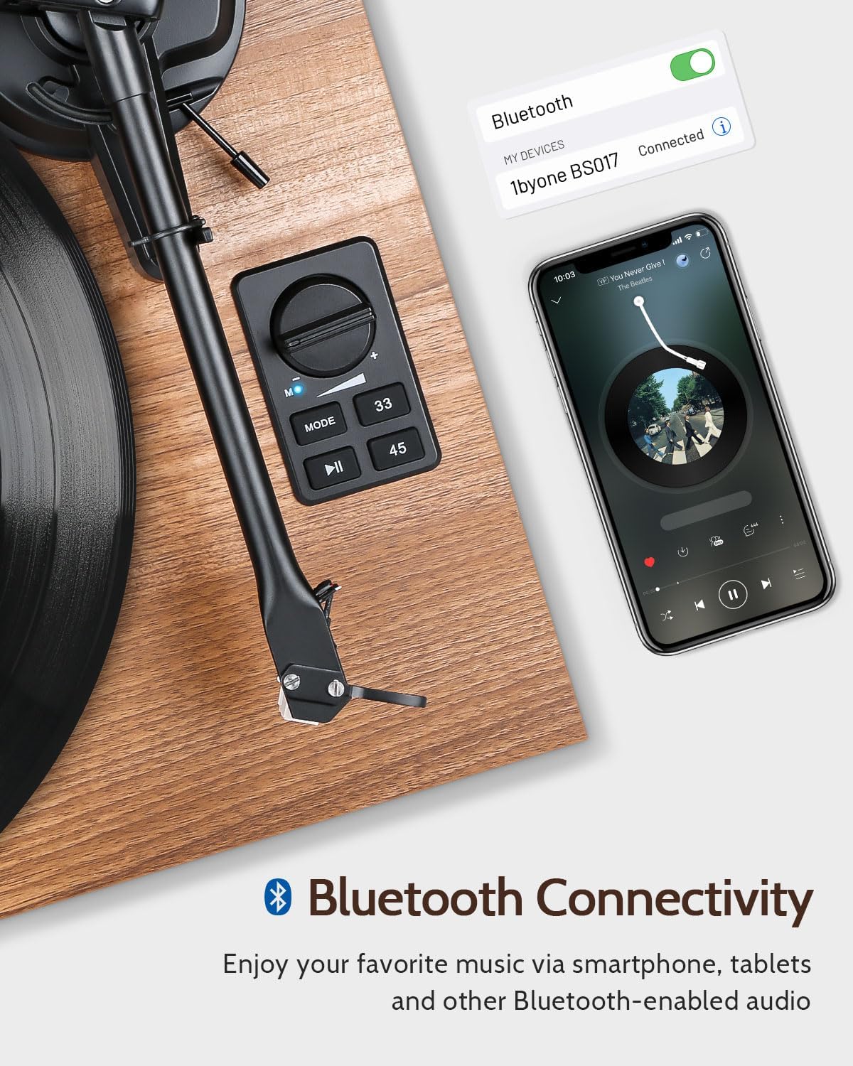 1 by ONE Bluetooth Turntable HiFi System with 36 Watt Bookshelf Speakers, Patend Designed Vinyl Record Player with Magnetic Cartridge, Bluetooth Playback and Auto Off