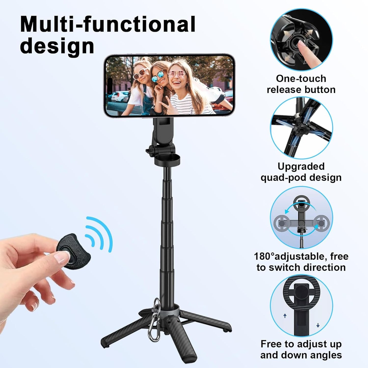 Magnetic Selfie Stick with Remote, 360° Rotation Phone Tripod, 4-in-1 Multifunctional Magnetic Phone Selfie Stick, Mini Portable Extendable Mag Tripod for Cell Phone Video Recording Trave