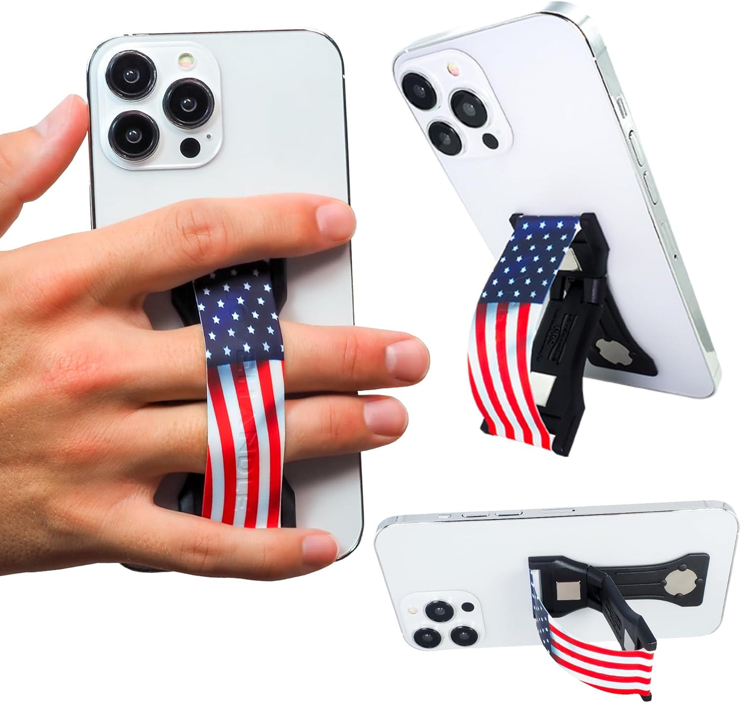 LOVEHANDLE PRO Premium Phone Grip - Silicone Phone Strap - Magnetic Phone Mount and Kickstand for Smartphone and Tablet - USA Flag