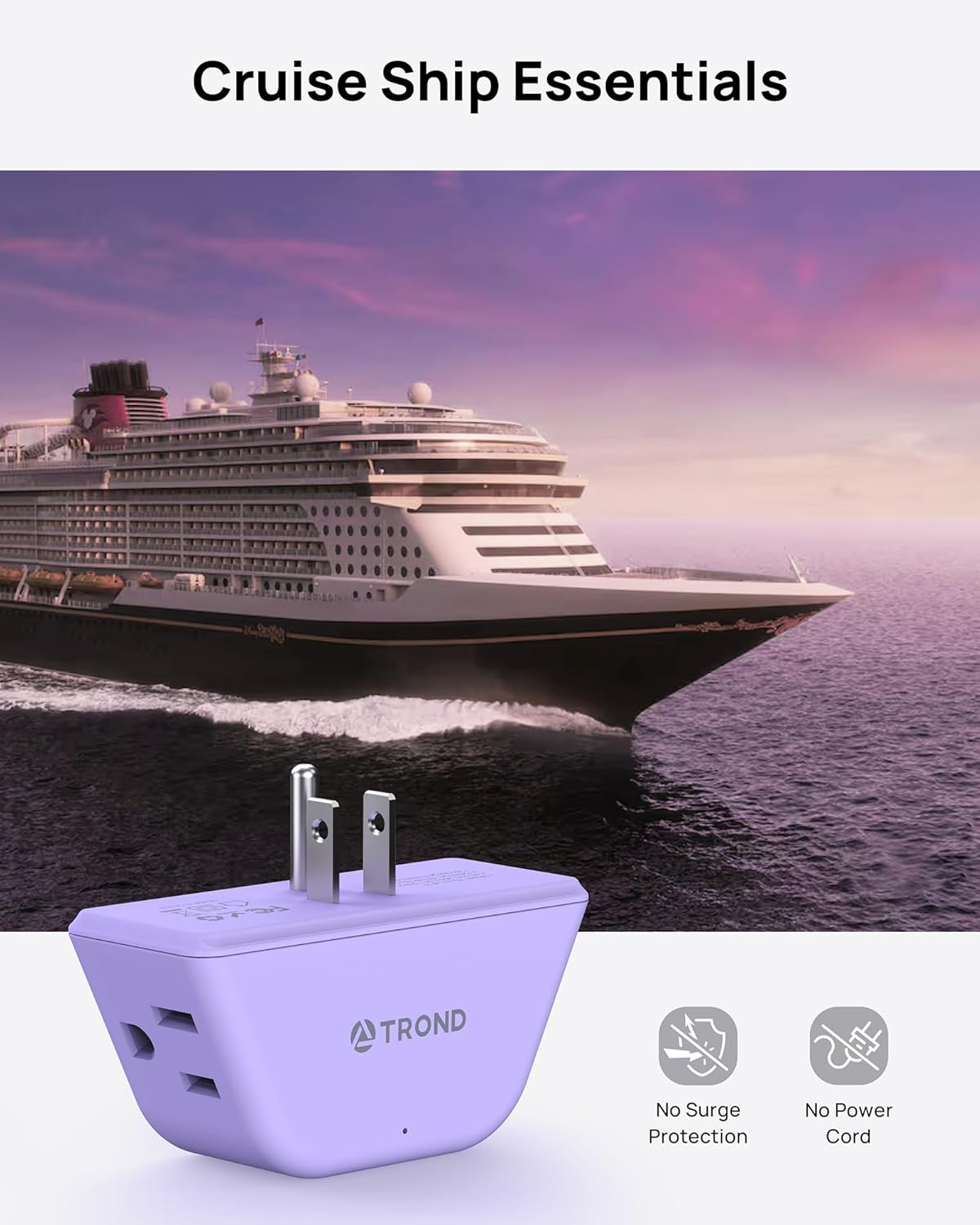 TROND Purple Outlet Extender - Plug Splitter with 3-Prong Grounded Sockets, 3 Way Angled Outlet Adapter, Wall Plug Expander, Cruise Ship Essentials, Compact and Practical for Travel Home Decoration