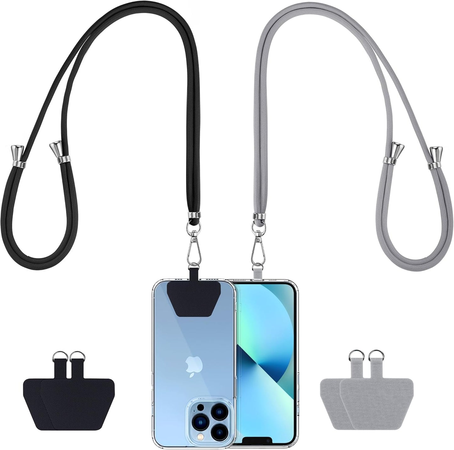 CACOE Phone Lanyard 2 Pcs-2 Pcs Adjustable Neck Strap,4 Pcs Patches,Universal Crossbody Multifuctional Cell Phone Lanyards Compatible with Most Smartphones(Black+Light Gray)