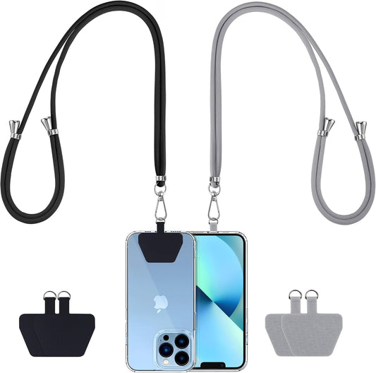 CACOE Phone Lanyard 2 Pcs-2 Pcs Adjustable Neck Strap,4 Pcs Patches,Universal Crossbody Multifuctional Cell Phone Lanyards Compatible with Most Smartphones(Black+Light Gray)