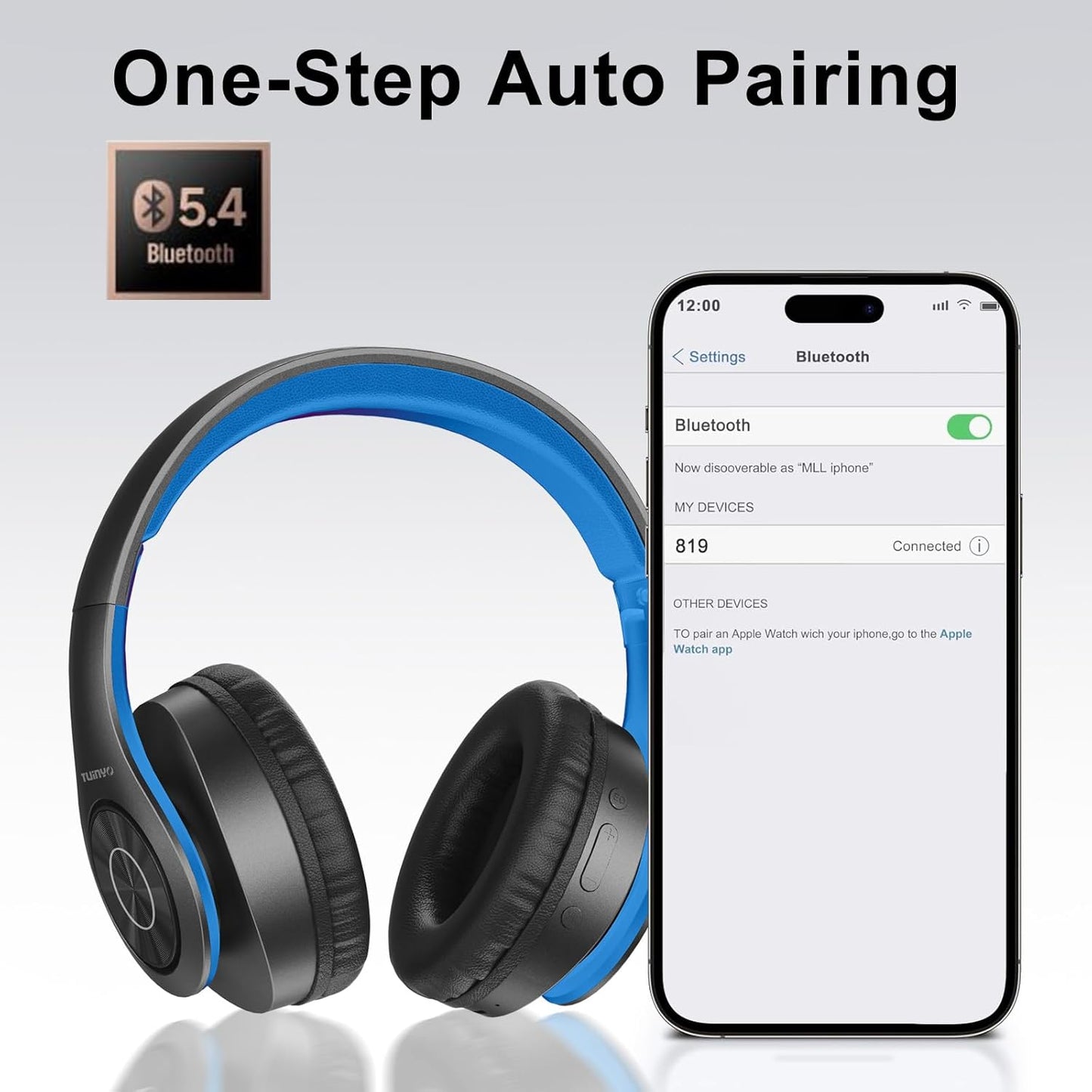 TUINYO Bluetooth Headphones Wireless, Over Ear Stereo Wireless Headset 40H Playtime with deep bass, Soft Memory-Protein Earmuffs, Built-in Mic Wired Mode PC/Cell Phones/TV-Black/Blue …