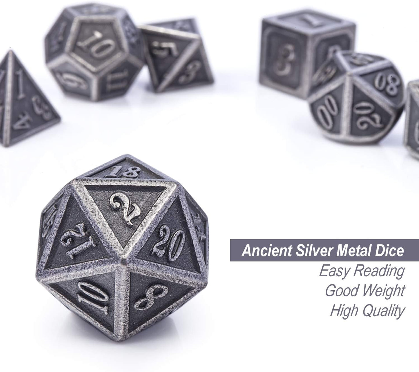 DnDnD Acient Silver Metal DND Dice Set, 7PCS D&D Metal Dice with Metal Case for Dungeons and Dragons, Shadowrun, Pathfinder, Savage World and Table Games