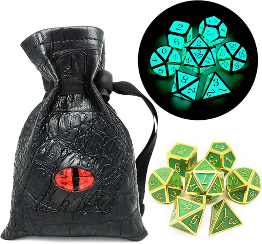 Haxtec Glow in The Dark Glowing Blue Metal Dice Set D&D W/Dragon Dice Bag 7PCS DND Dice Set Compatible with Dungeons and Dragons RPG Games-Gold Glowing Blue-V2