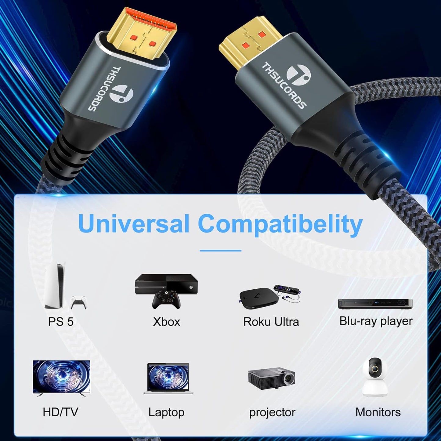 8K 4K HDMI Cable 1.6FT, High Speed Braided HDMI to HDMI 2.1 Cord Supports 8K@60Hz, 4K@120Hz 144Hz 48Gbps Compatible with Roku TV/PS5/HDTV/Blu-ray