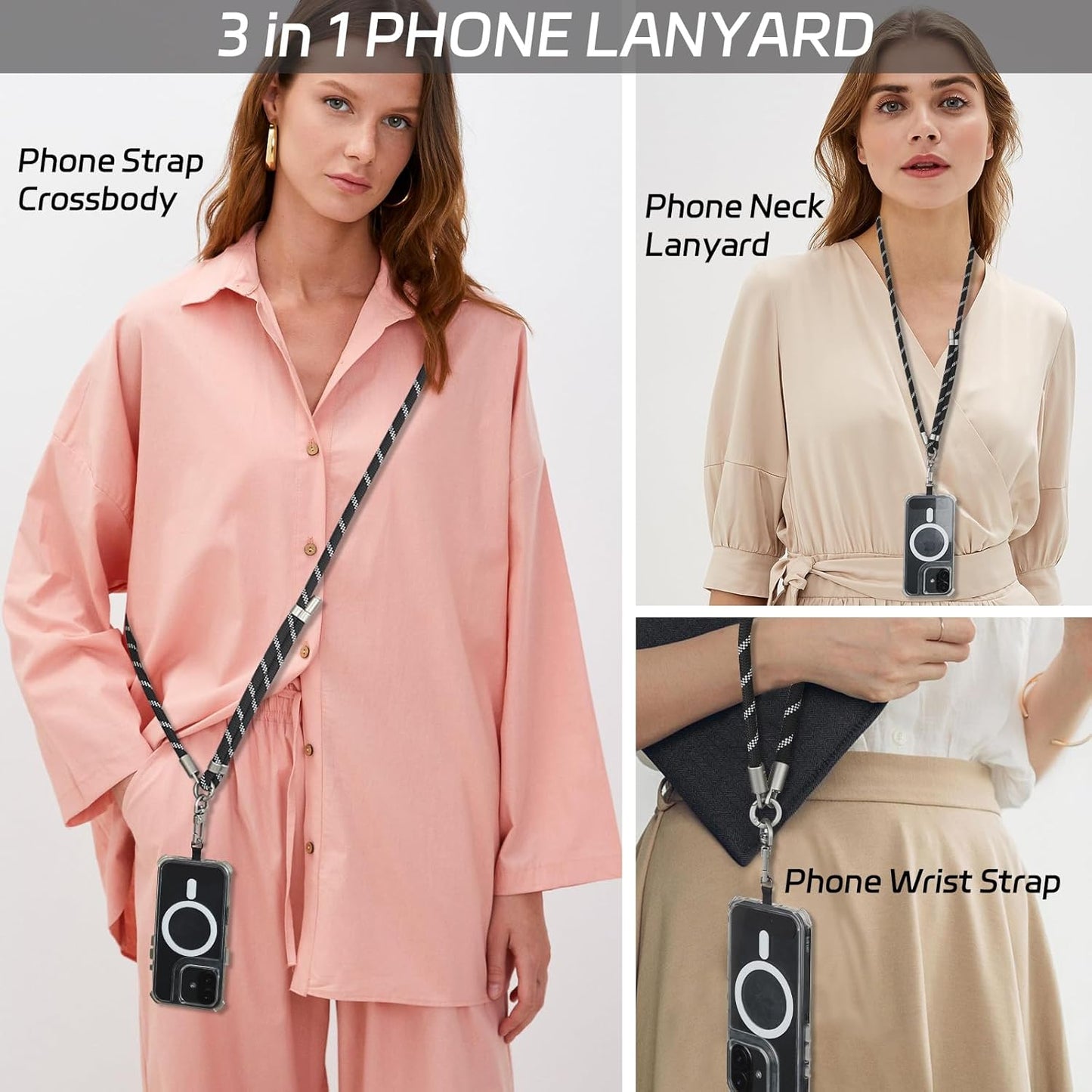 3-in-1 Adjustable Phone Lanyard Crossbody Cell Phone Neck Strap Universal Mobile Wrist Lanyard