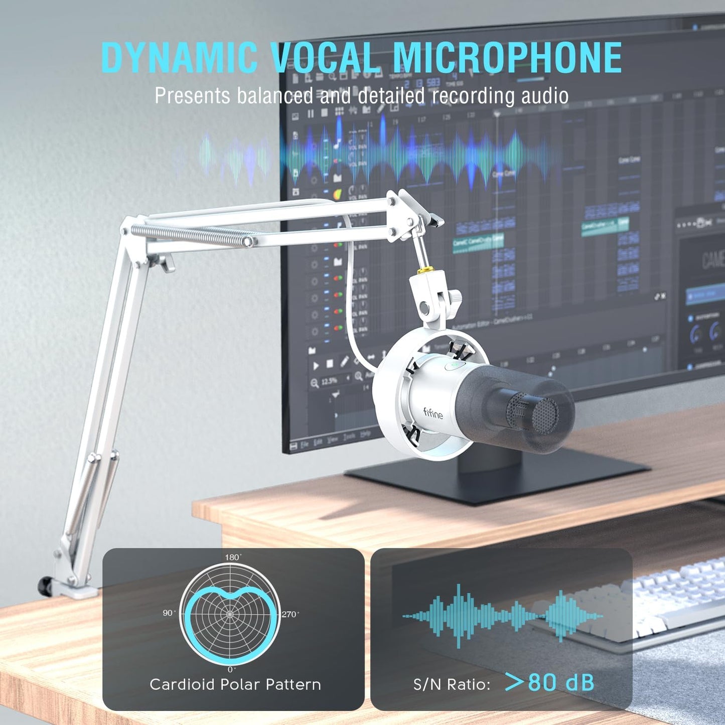 FIFINE Dynamic Microphone with Boom Arm, Studio Vocal XLR Microphone, Podcast USB Mic Kit for PC with Mute Button, Volume Knob, Headphone Jack, for Streaming Recording-AmpliTank K688CT White