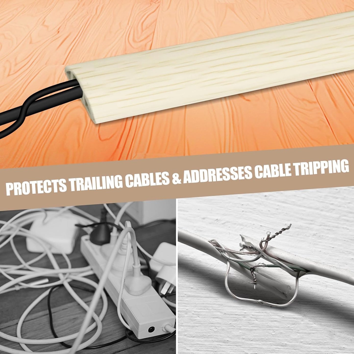 Floor Cord Cover Self Adhesive Cord Hider,3.3FT Cable Management, Extension Strip Protector for Wires, Prevent Cable Trips for Offices, Gyms, Exhibitions Cavity:0.39"(W) x 0.27"(H) Yellow Wood