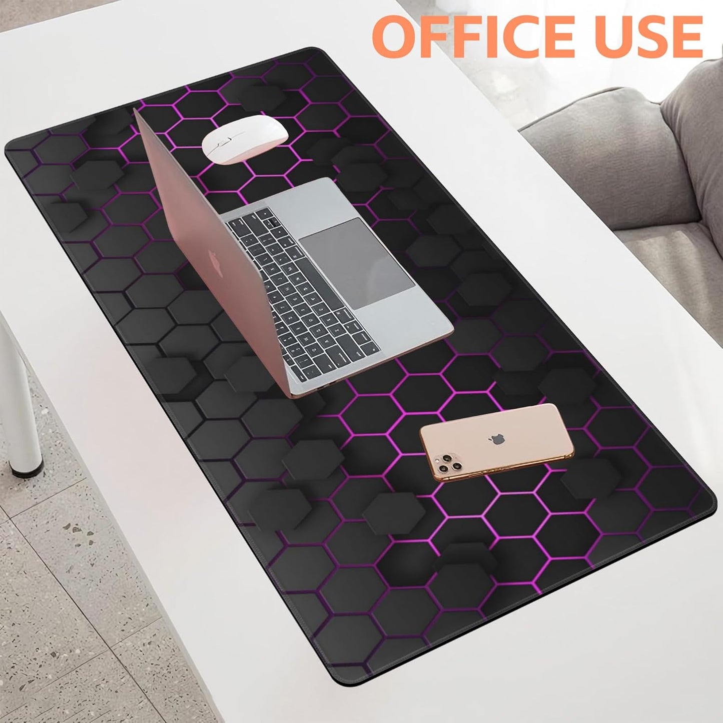 Mouse Pad Large Electric Glow Hexagonal Non-Slip Gaming Desk Mat with Stitched Edge Laptop Keyboard Desk Pad for Work Home Gaming (35.4 x 15.7 Inches)