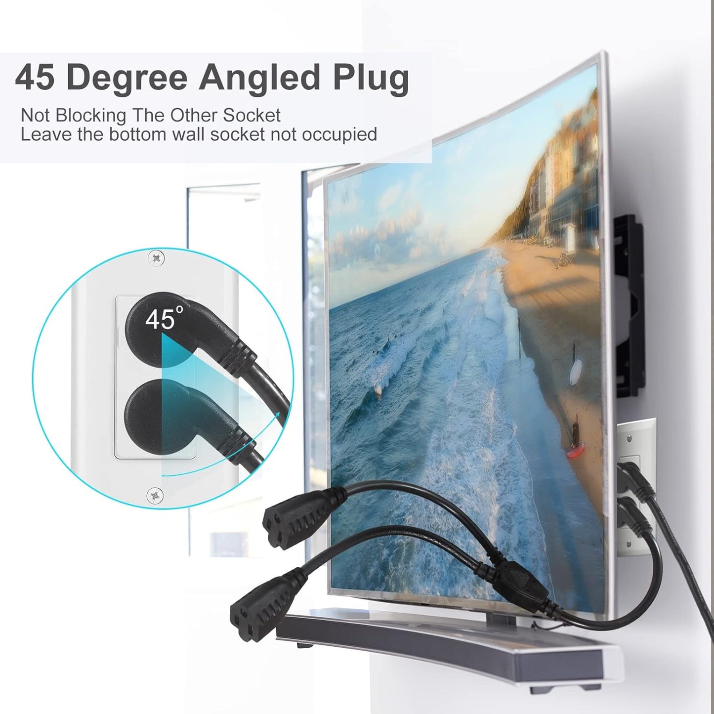 Power Extension Cord Y Splitter - 1FT Right Angled Type Flat Plug NEMA 5-15P 1 to 2 Way Outlet NEMA 5-15R SJT 16AWG 3 Prong Low Profile Black AC Power Cable Wire Extender for Home Office (2-Pack)