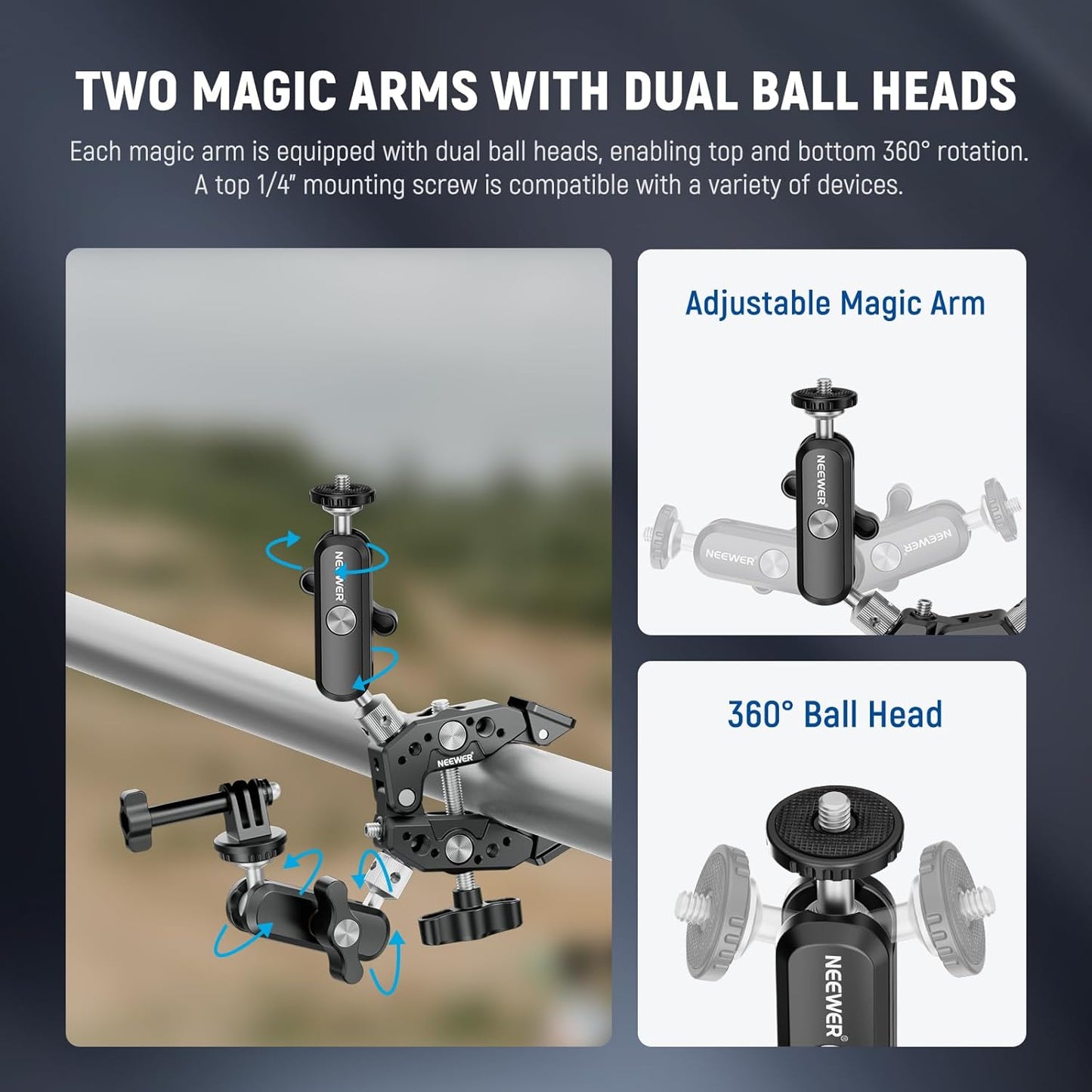 NEEWER Heavy Duty Super Clamp with Two 360° Dual Ball Head Magic Arms, 1/4" 3/8" Screw Threads, Phone & Action Camera Mount Adapter for Flat/Round Surface Compatible with GoPro DJI Insta360 DSLR