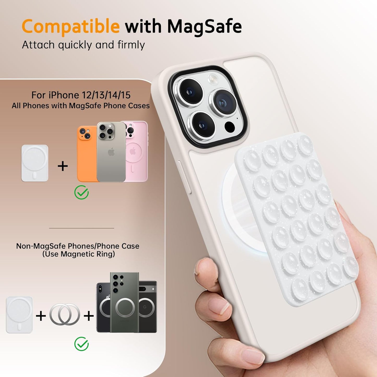 GONEZ Magnetic Suction Cup Phone Mount for MagSafe Case, Removable Silicone Sticky Grip for iPhone 12/13/14/15/16, Hands-Free Selfies and Videos for TikTok & Instagram Influencer/Creator,Glitter White