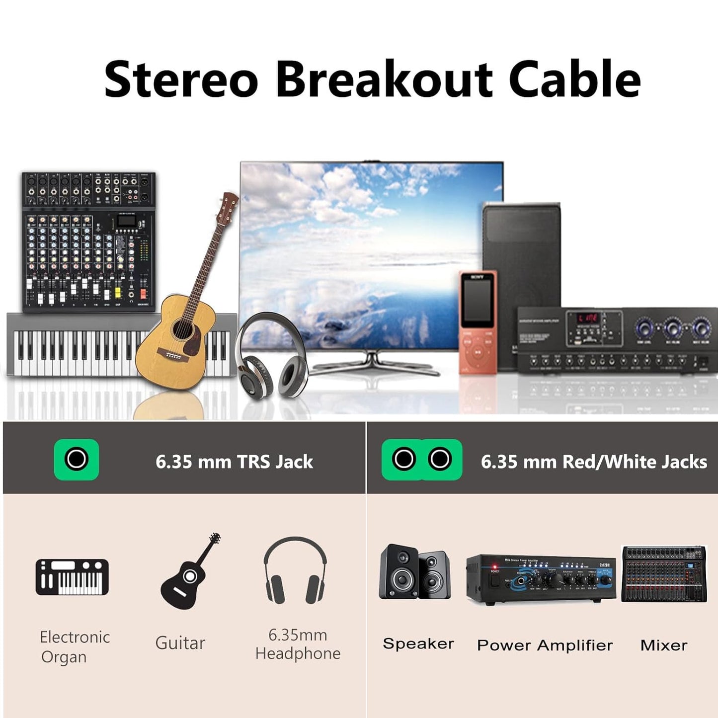 Devinal TRS to Dual TS Breakout Cable - 1/4" Female Stereo to Dual 6.35mm TS Male Adapter & 6.35mm Female to 2 x 1/4" Mono Y Splitter - 1 ft