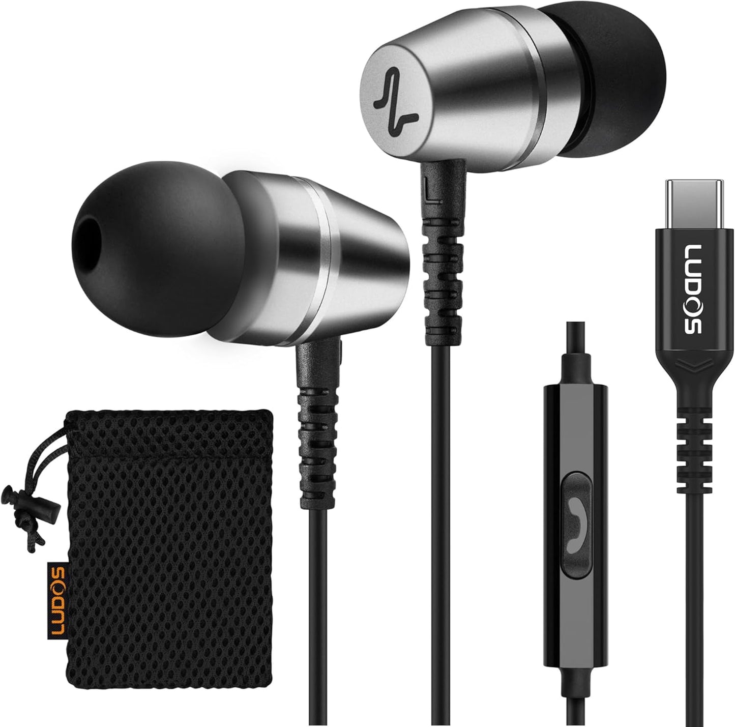 LUDOS OMNITONE USB C Headphones for iPhone 16 15 Pro Max Plus iPad Pro, 5 Years Warranty, USB-C Earbuds for Galaxy S24 S23 Ultra S22 S21 S20 A55 A54 A53, USB Type C Earphones - Grey