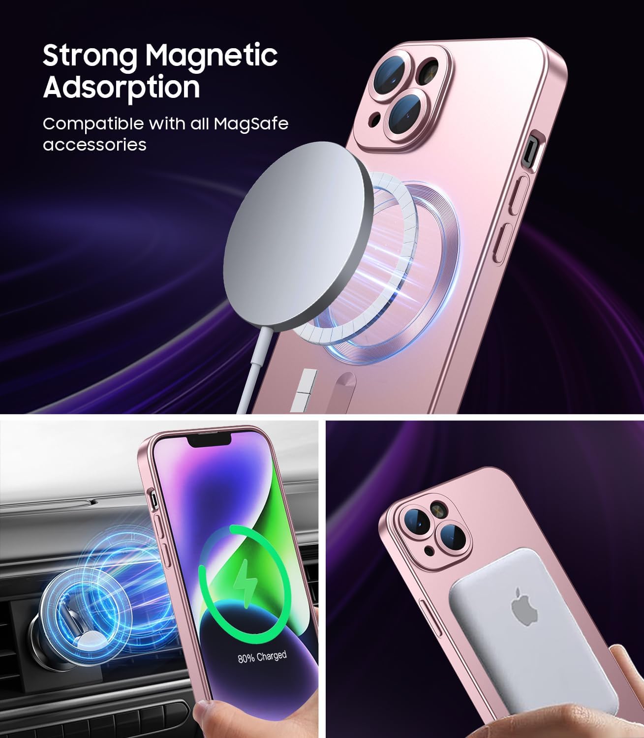 Magnetic for iPhone 14 Case [Compatible with MagSafe][Built-in Camera Lens Protector] Slim Soft Silicone Bumper Shockproof Metallic Luster Phone Case (Rose Gold)