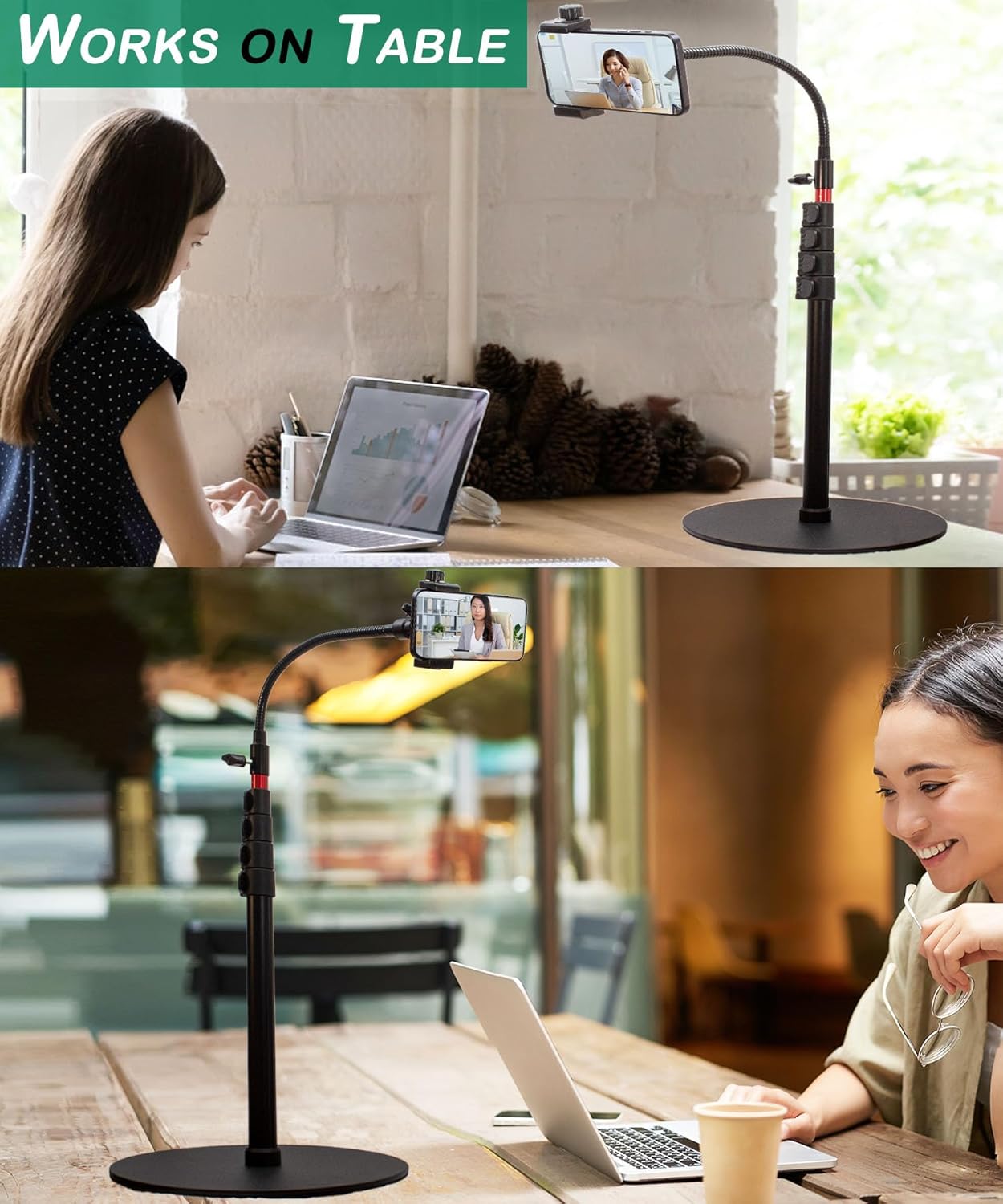 Phone Overhead Stand, Gooseneck Phone Floor Stand, Tall Video Cell Phone Mount with Height Adjustable Stand, Heavy Base, 360 Head, Works with iPhone 16, 16 Pro Max, 16 Plus, 15, 14, 13