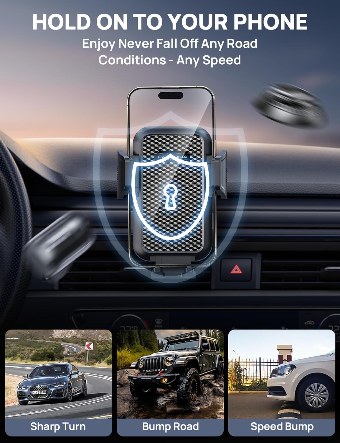 [2025 New] Dashboard Phone Holders for Your Car (+Air Vent Clip) [Military Grade Stable] , Car Cell Phone Holder, Rotatable Suction Cup Car Phone Mount for All Phone (Cube Black)