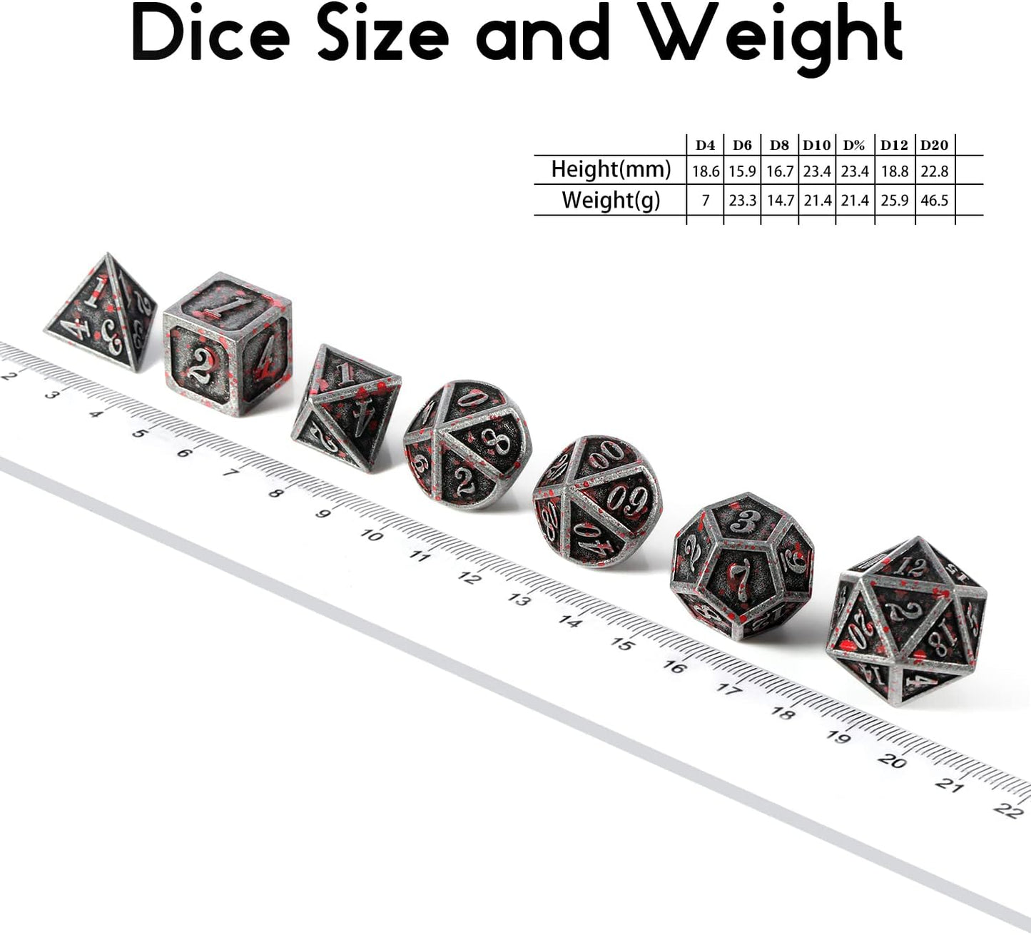 Acient Silver Bloodstained Metal Dice Set DND, DNDND 7PCS Metallic Halloween Die with Metal Case for Dungeons and Dragons Tabletop Games